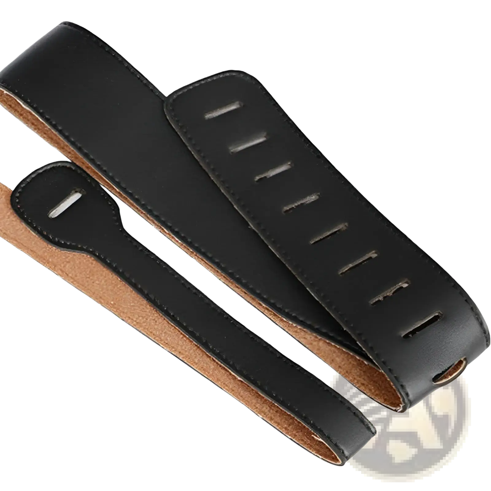Black leather guitar strap with smooth stitched finish and tan suede lining adjustable 110-130cm length