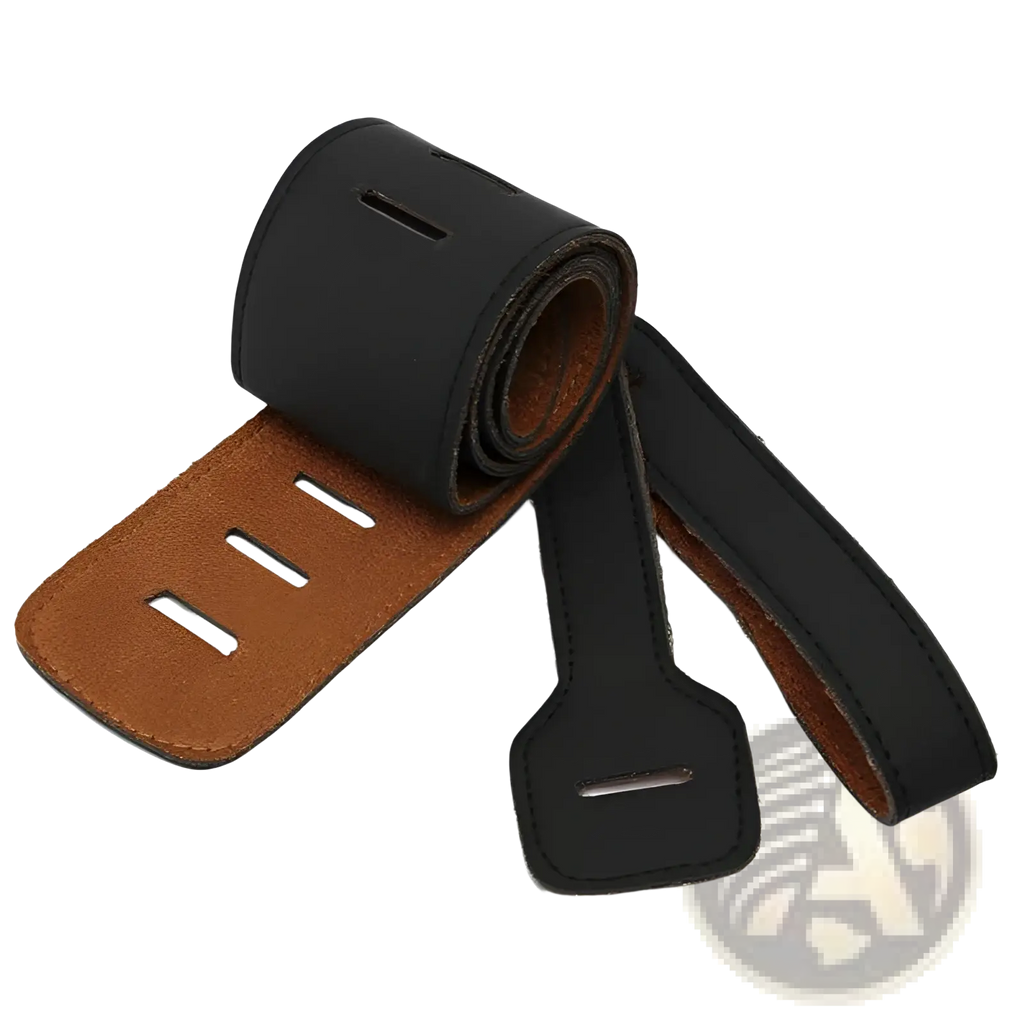 Black leather guitar strap with brown suede lining and three adjustable slots for 110-130cm length