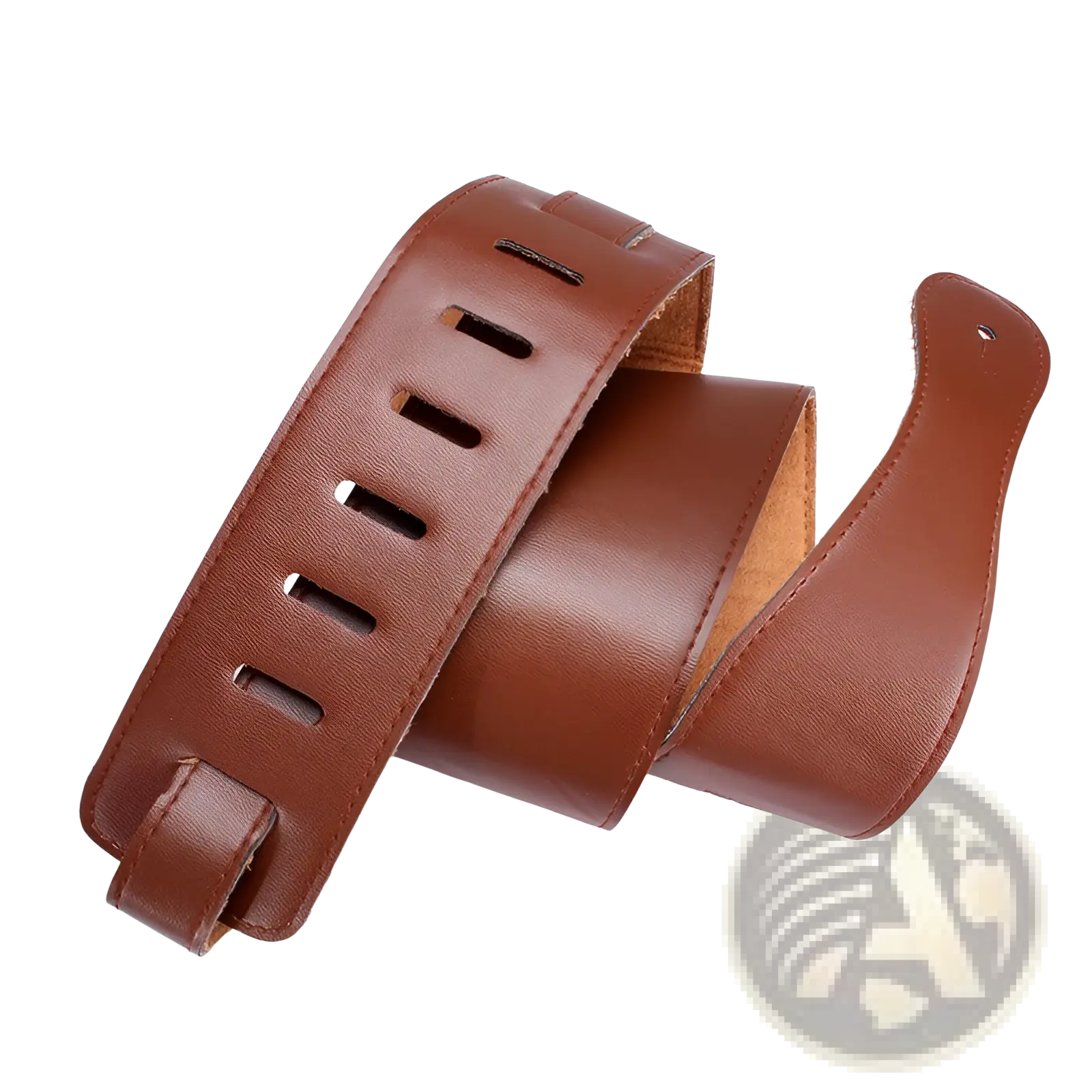 Brown leather guitar strap with stitched edge suede lining and evenly spaced rectangular holes adjustable 110-130cm