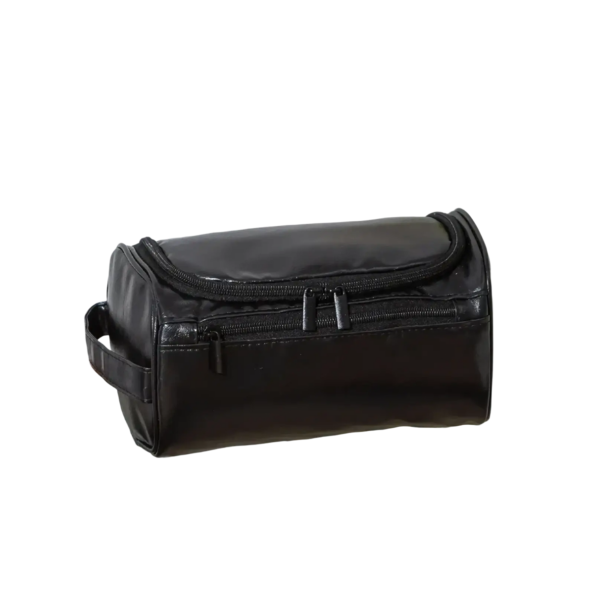 Black glossy faux leather leather hanging toiletry bag with dual zippers and side handle for travel use