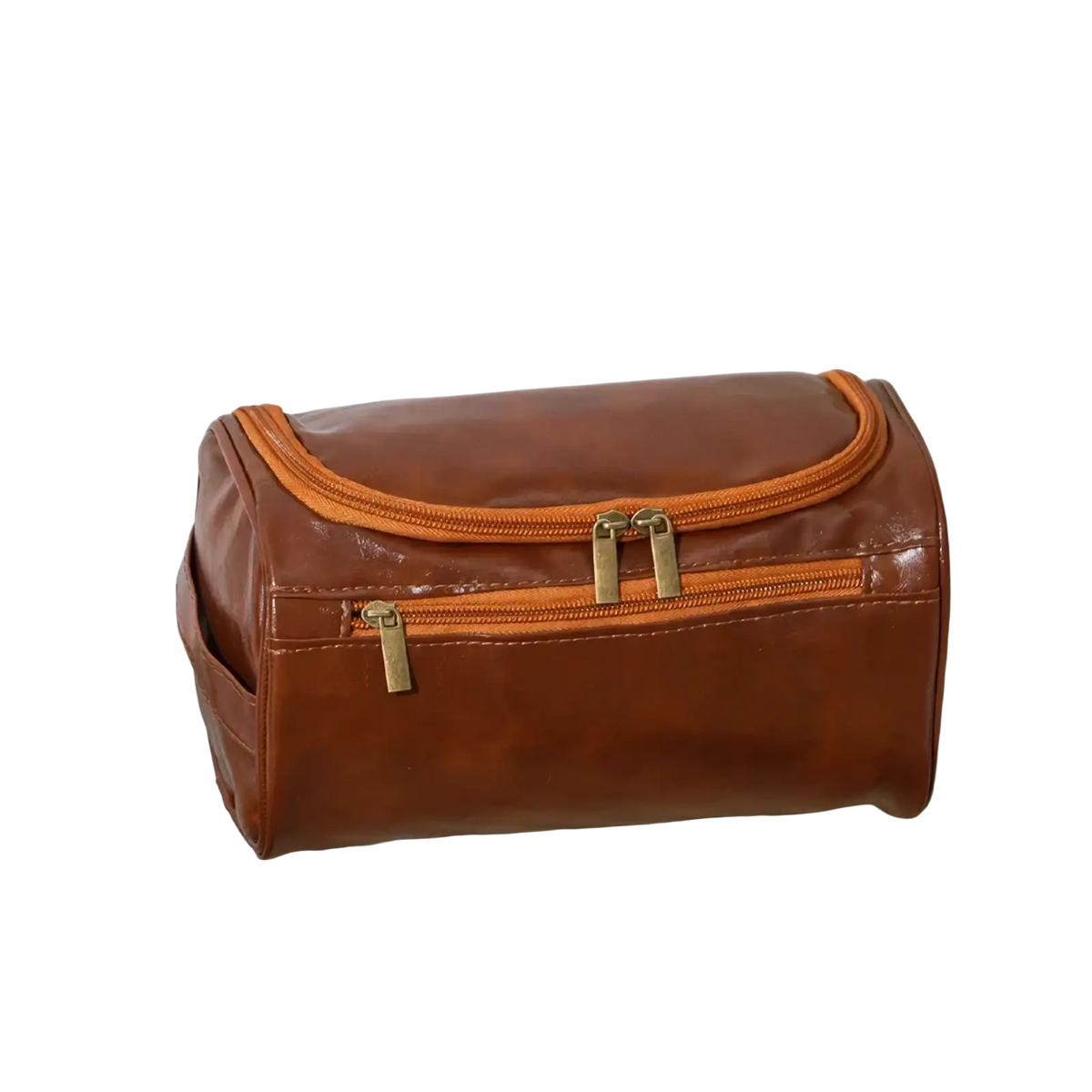 Brown leather hanging toiletry bag for travel with orange zipper accents and gold-tone metal zippers