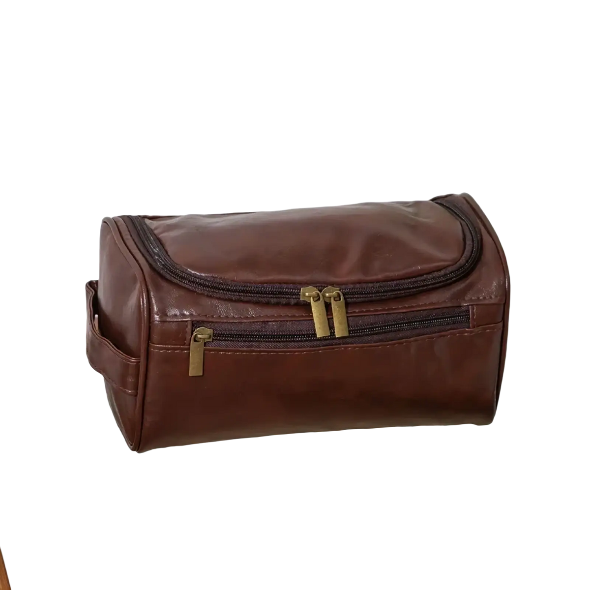 Brown leather hanging toiletry bag for travel with brass zippers and side handle for convenient carrying