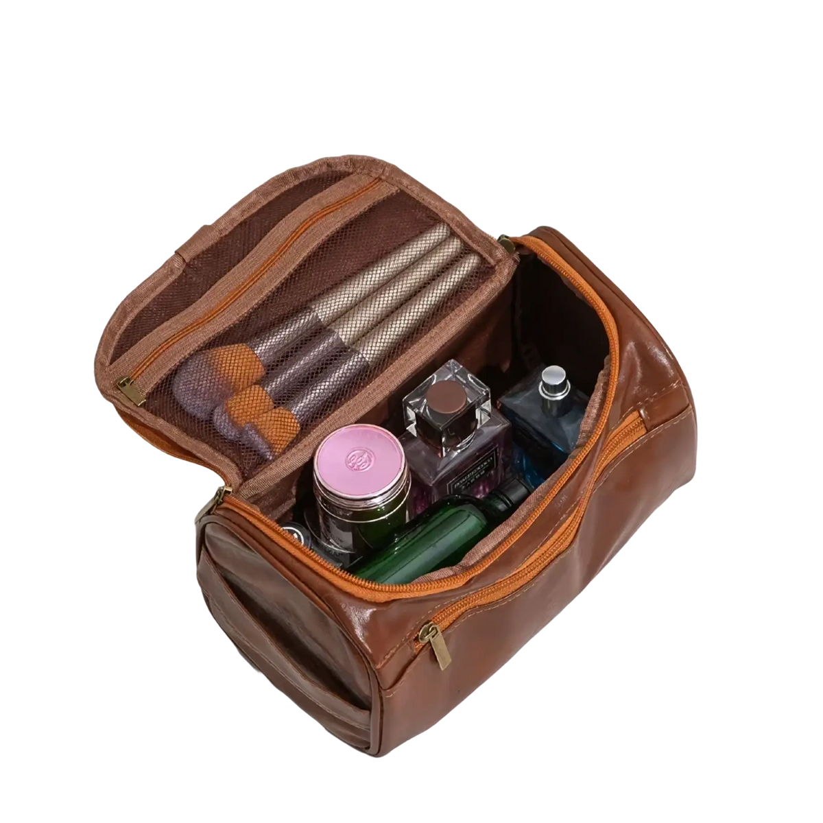 Leather hanging toiletry bag in brown leather with orange zipper accents and mesh compartments for travel organization