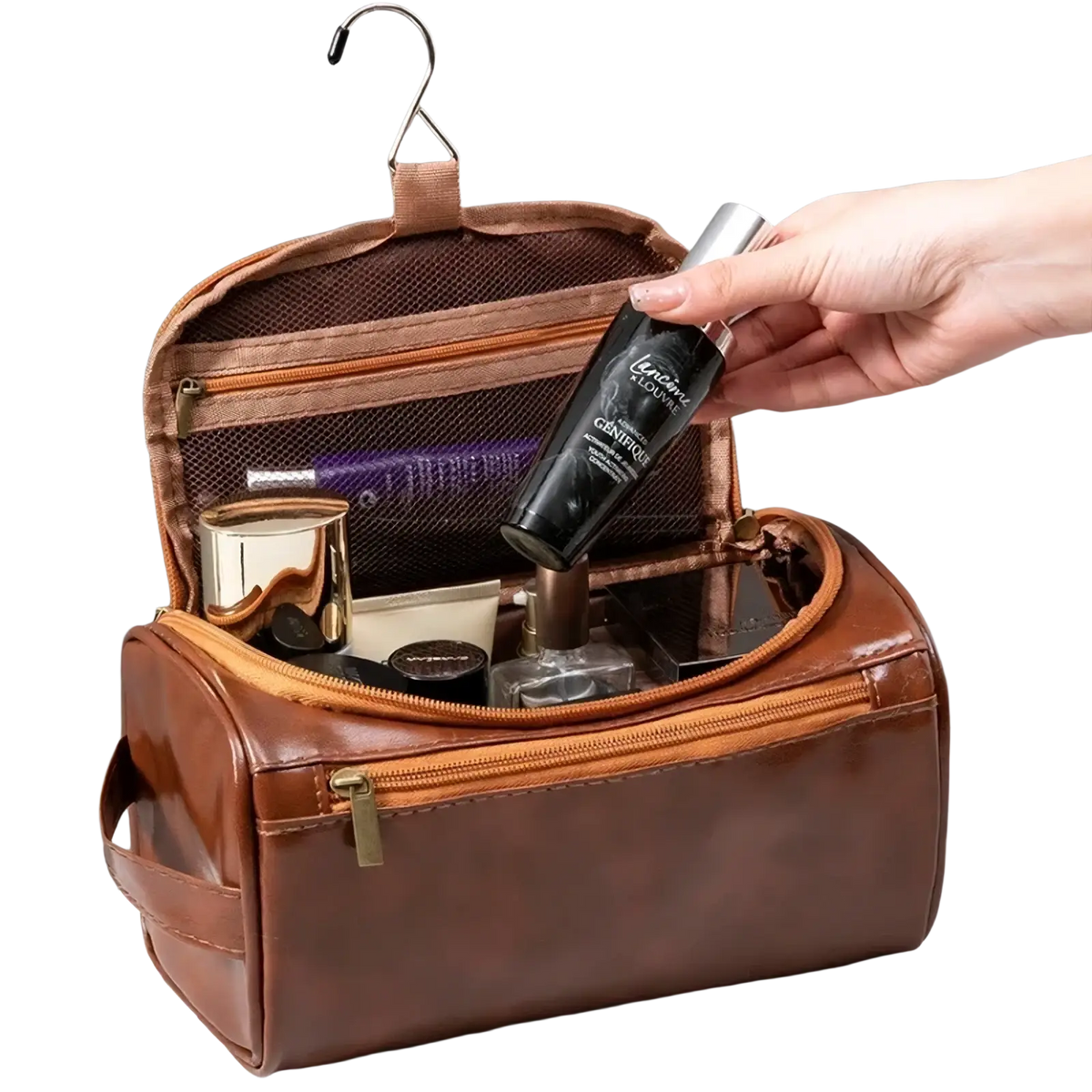 Brown leather hanging toiletry bag for travel with multiple zippered compartments and a convenient hanging hook
