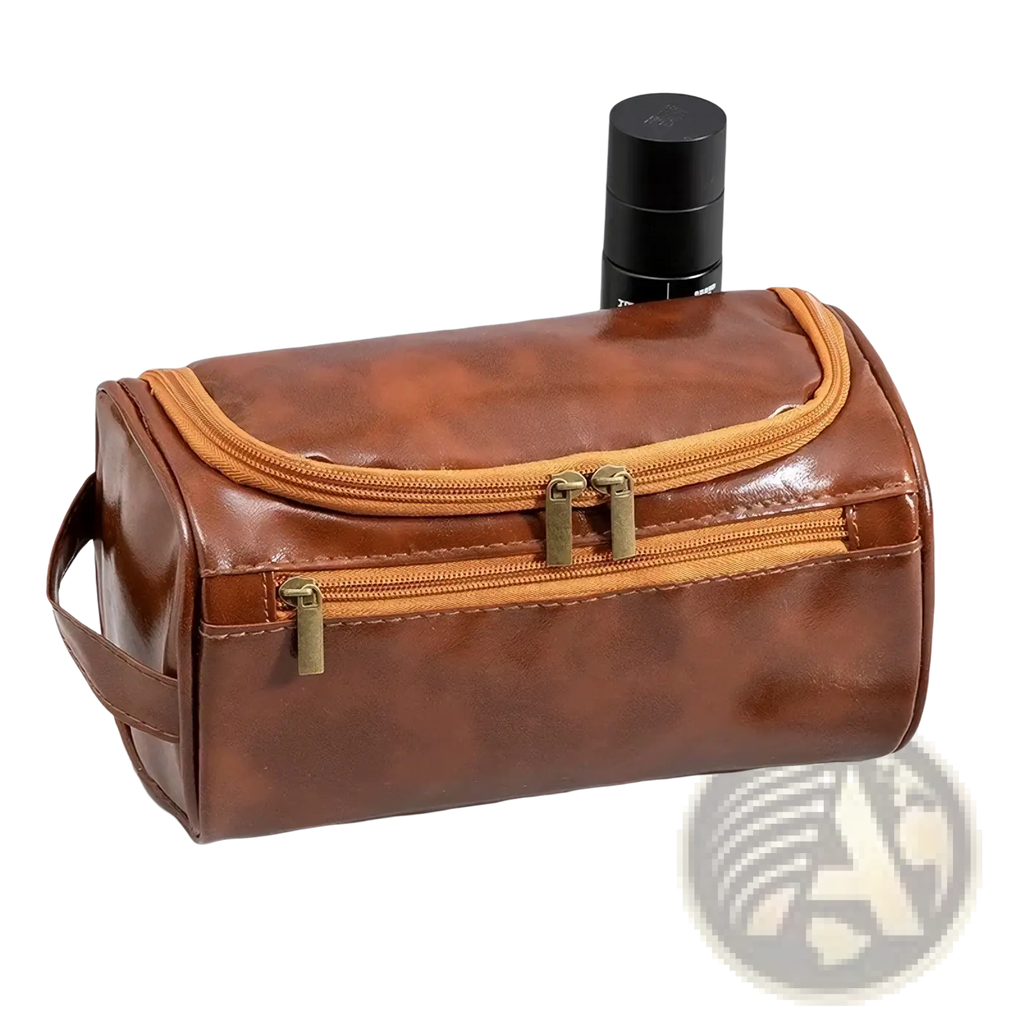 Leather hanging toiletry bag for travel made of brown faux leather with orange zipper accents and brass-toned zippers