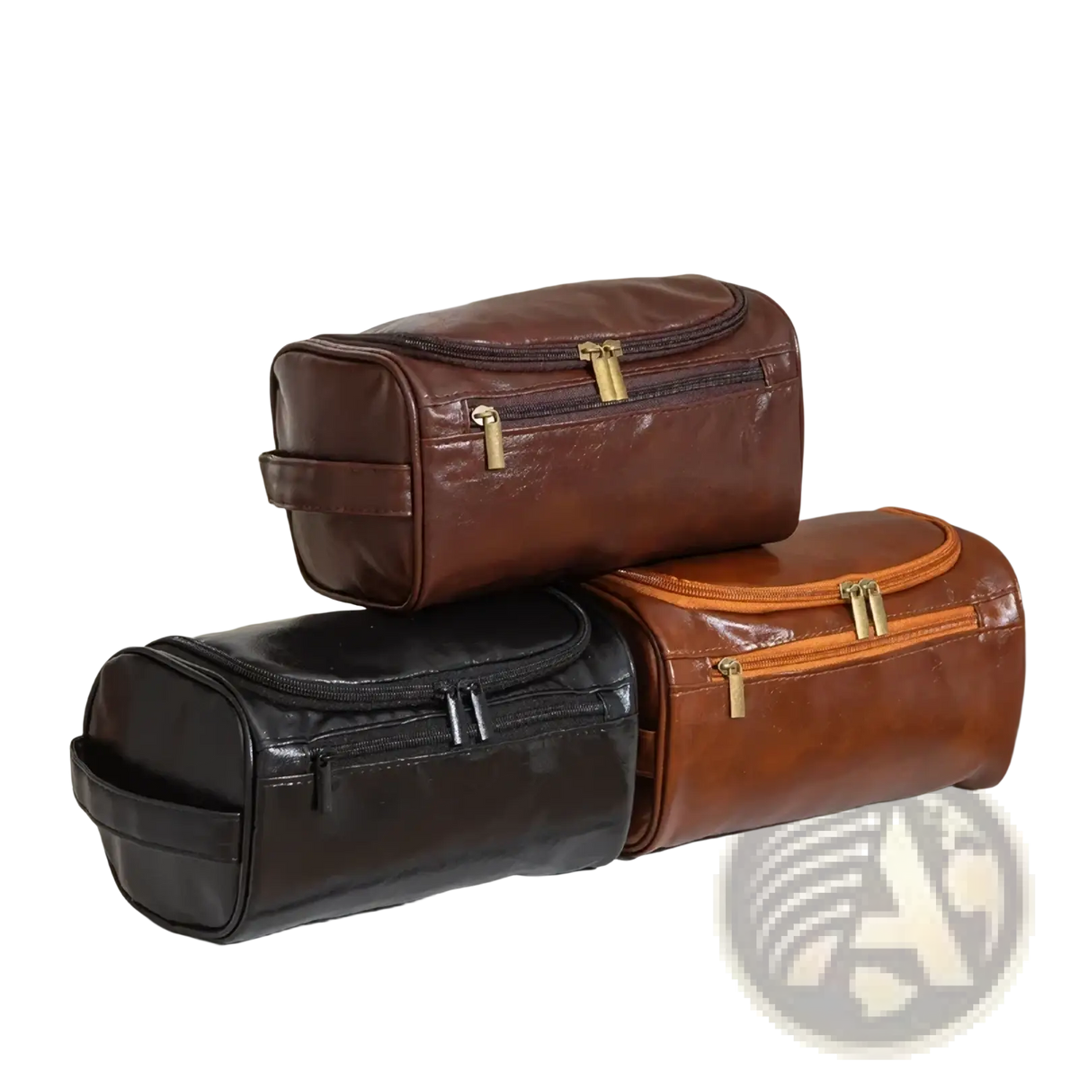 Leather hanging toiletry bag for travel in brown leather with gold-tone zippers and a top handle