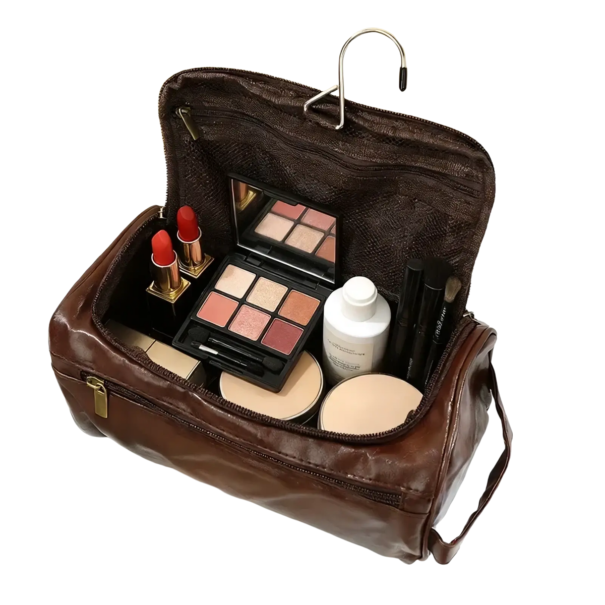 Brown leather hanging toiletry bag with gold zippers filled with cosmetics for travel use