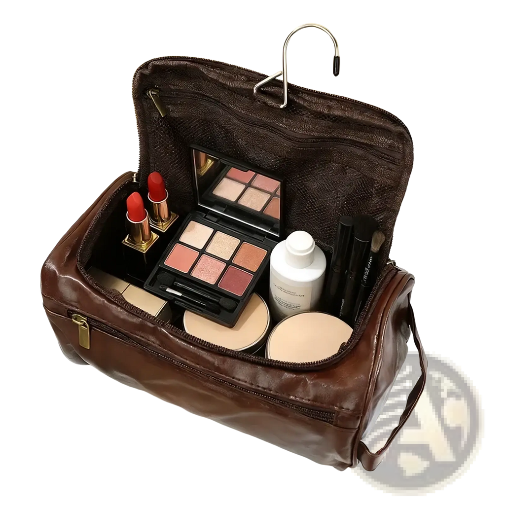 Brown leather hanging toiletry bag with gold zippers filled with cosmetics for travel use