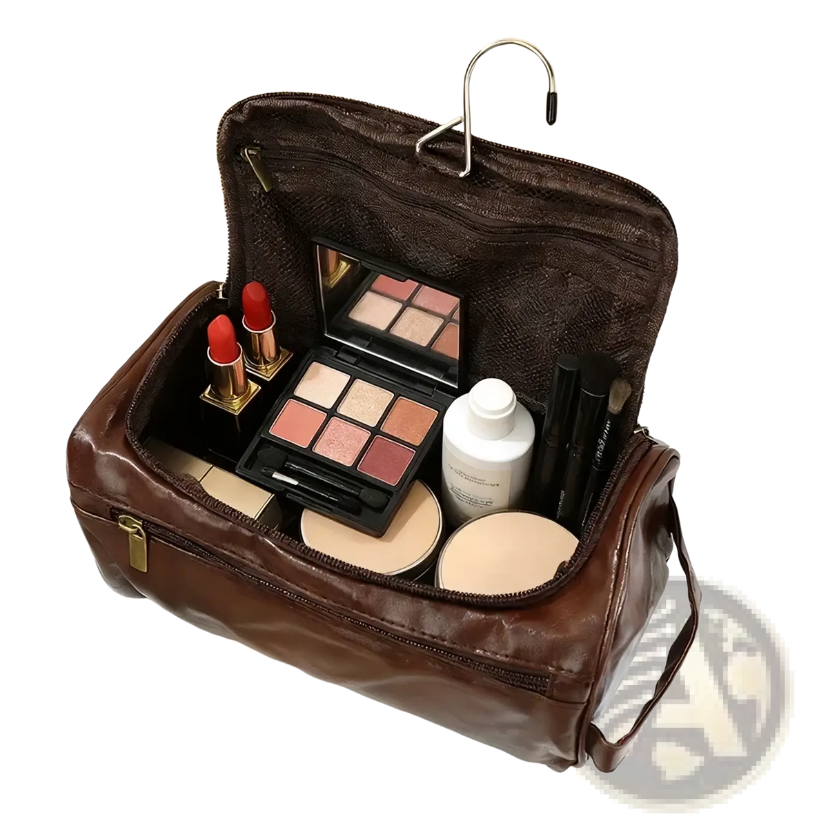 Brown leather hanging toiletry bag with gold zippers filled with cosmetics for travel use