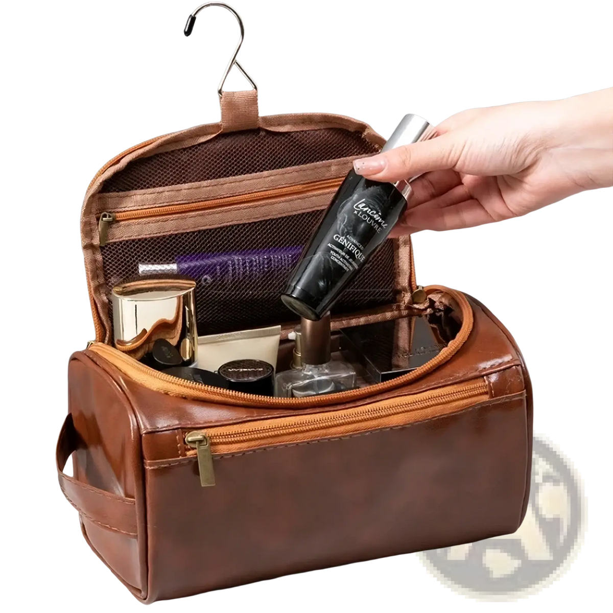 Brown leather hanging toiletry bag for travel with multiple zippered compartments and a convenient hanging hook