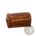 Brown leather hanging toiletry bag for travel with orange zipper accents and gold-tone metal zippers
