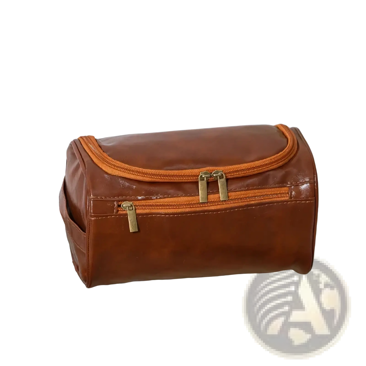 Brown leather hanging toiletry bag for travel with orange zipper accents and gold-tone metal zippers