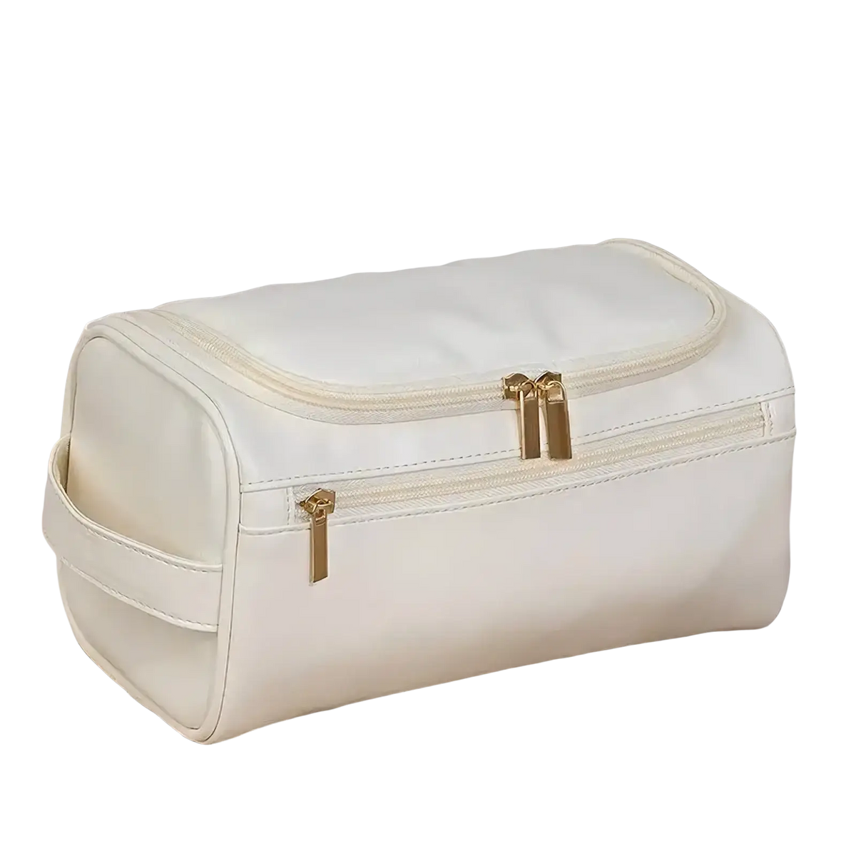 Cream-colored faux leather hanging toiletry bag with gold-tone zippers and side handle for travel use