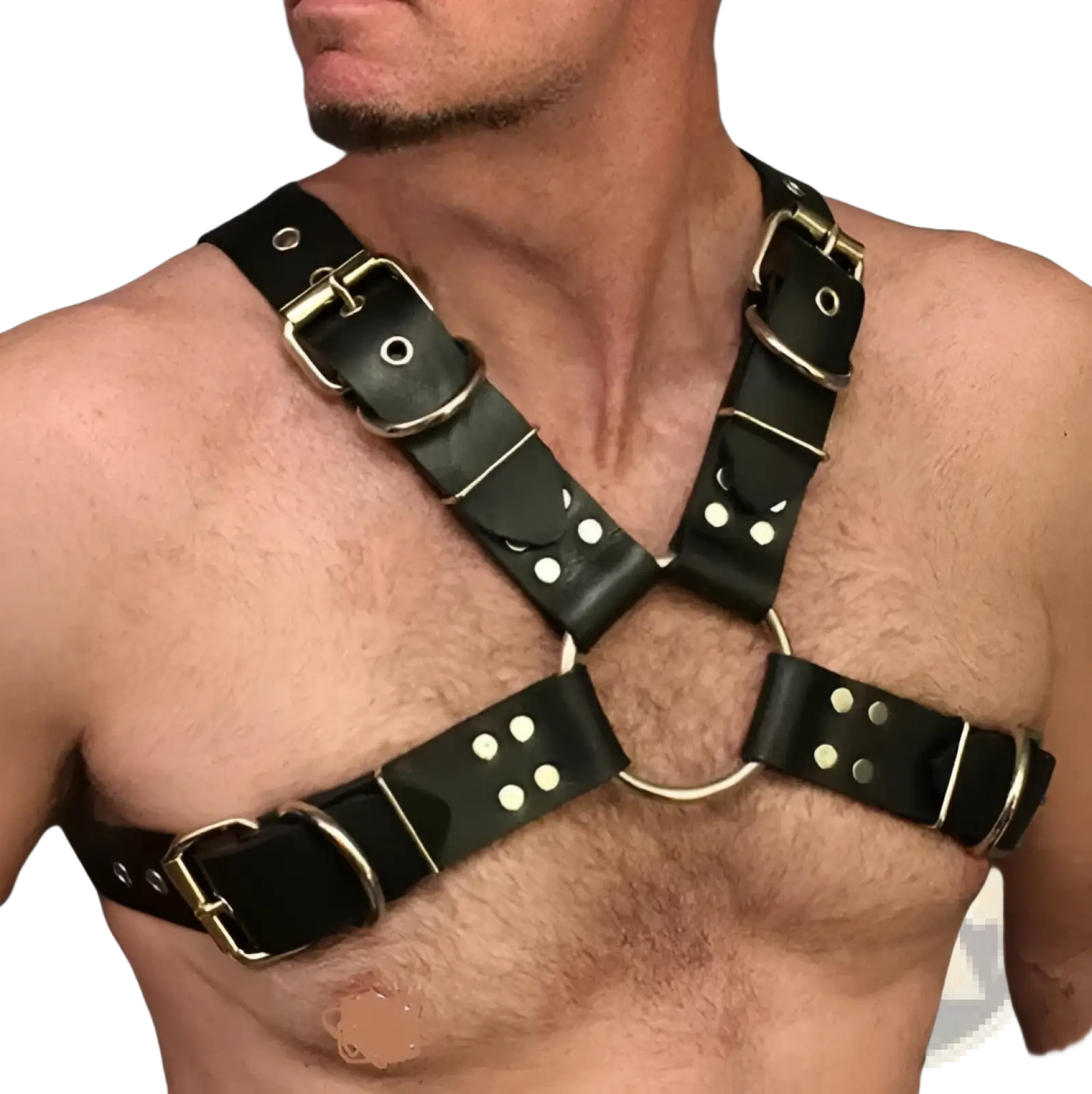 Black leather harness with silver-toned metal buckles and rings for adults shown from the back side