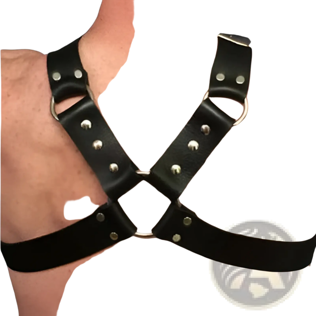 Black leather harness with silver buckles and metal studs designed for adult use and style