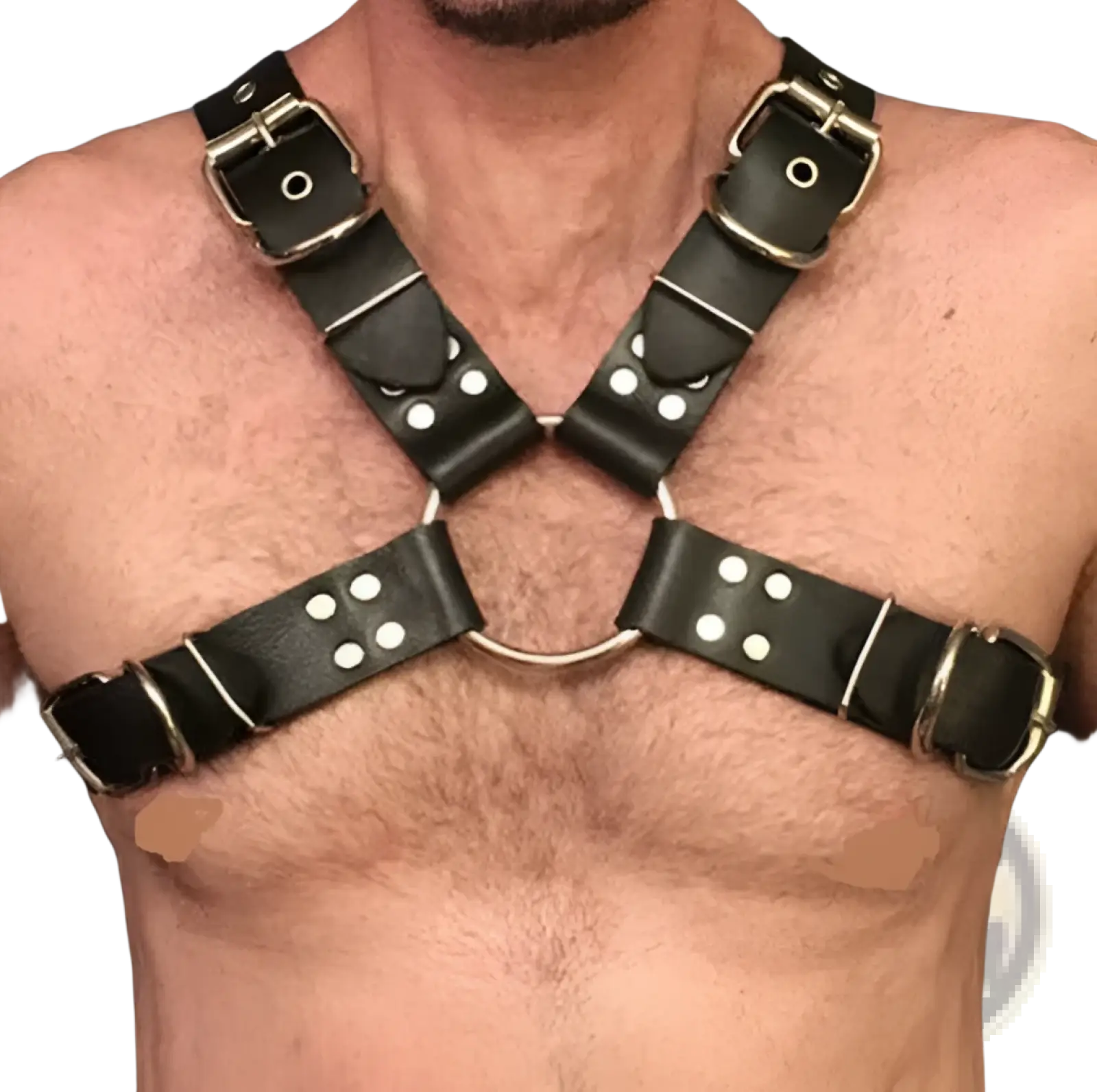 Black leather harness with silver buckles and circular ring designed for adult use