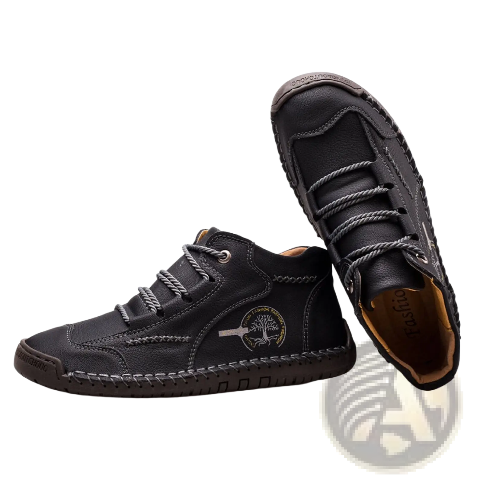 Black leather high top sneakers with vintage hand stitched design and embroidered tree emblem on the side