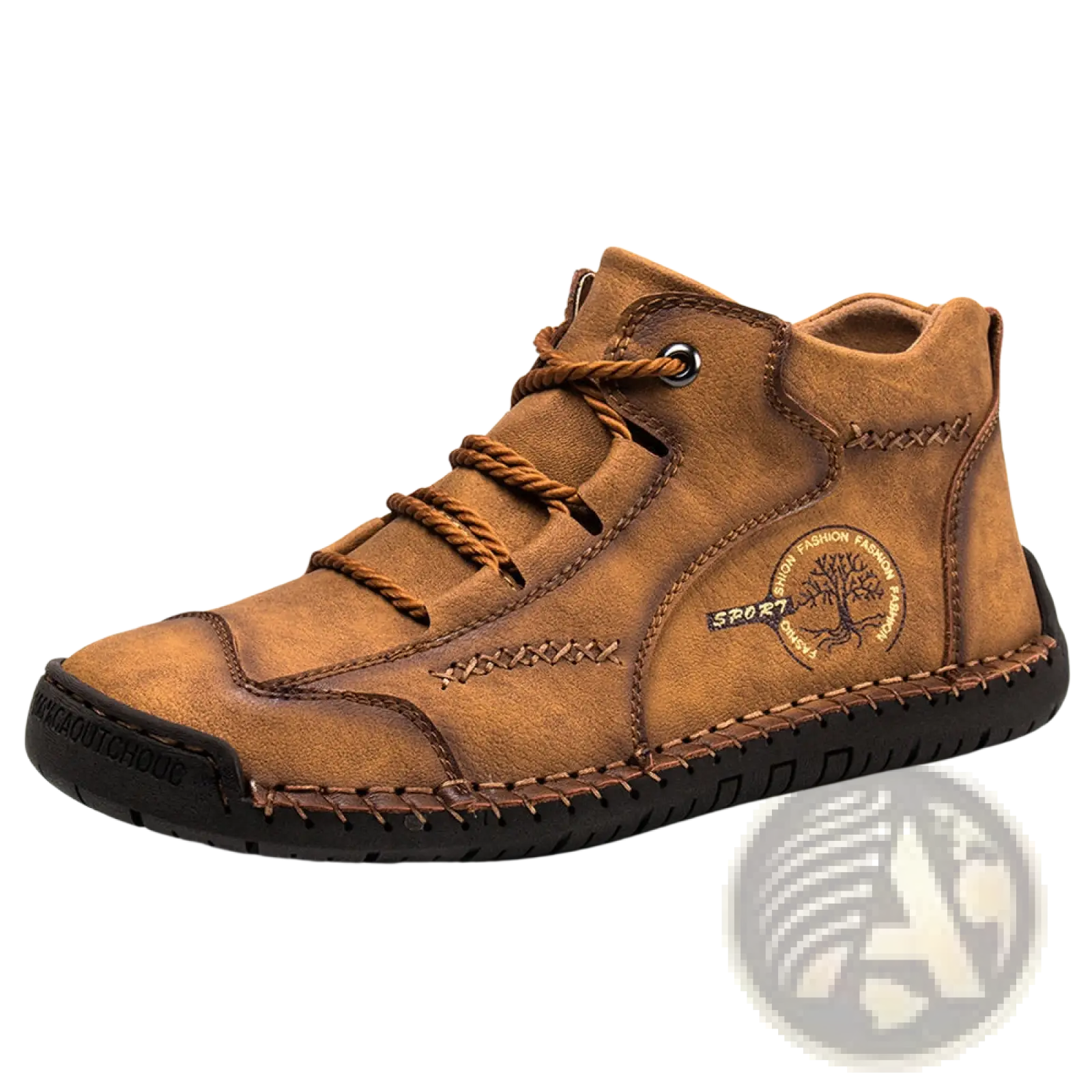 Brown leather high top sneaker with visible stitching tree emblem patch and matching brown laces vintage hand stitched shoes