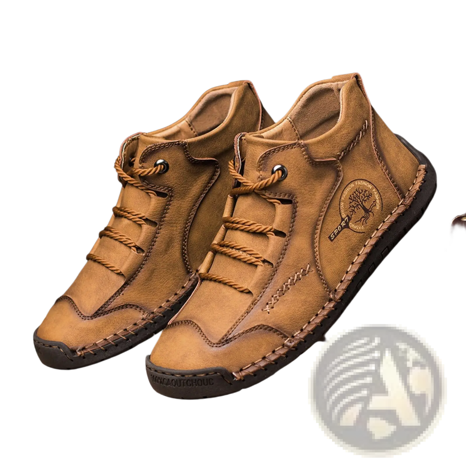 Tan leather high top sneakers with braided laces stitched design and circular logo patch on the side