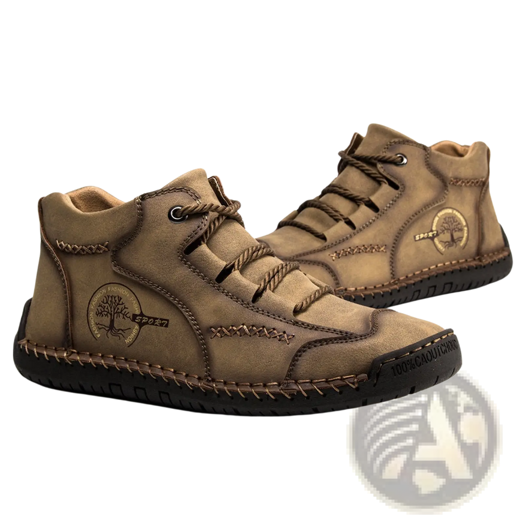 Leather high top sneakers in tan suede with brown laces, stitched detailing, and tree emblem patch on the side