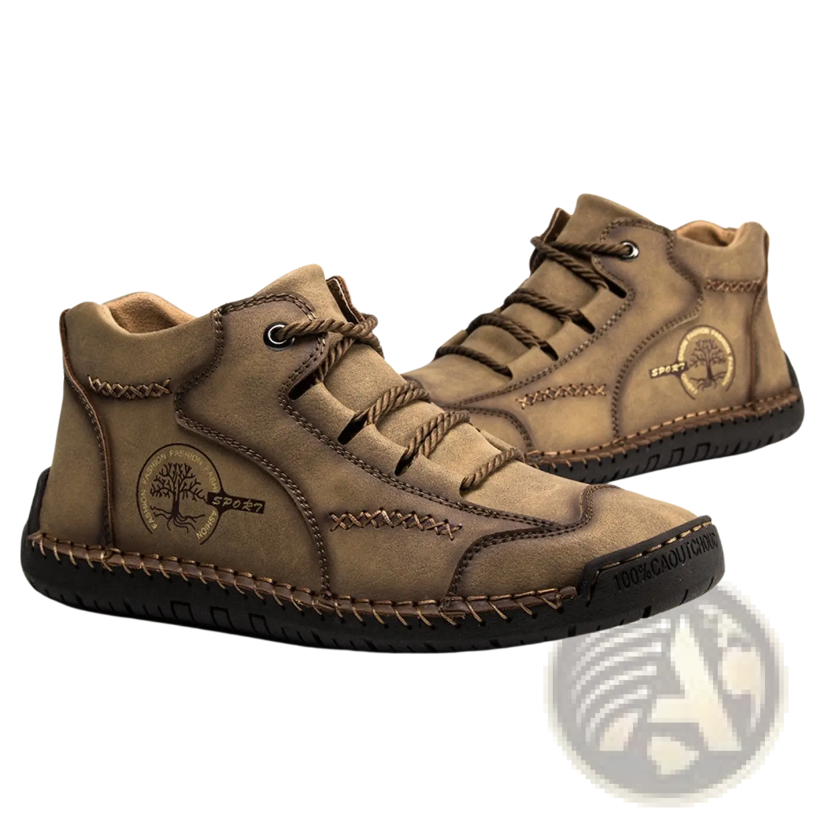 Leather high top sneakers in tan suede with brown laces, stitched detailing, and tree emblem patch on the side