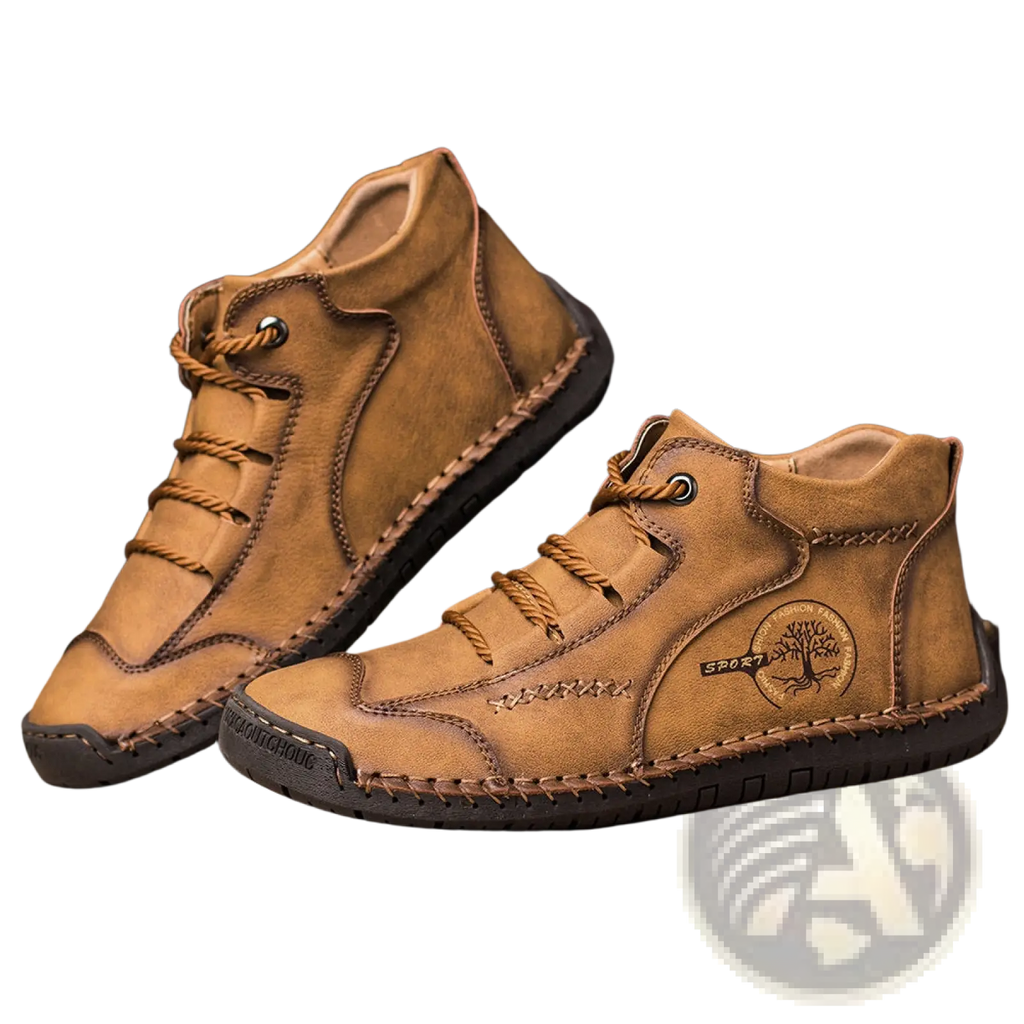 Leather high top sneakers in tan with visible stitching tree emblem patch and brown laces vintage hand stitched shoes