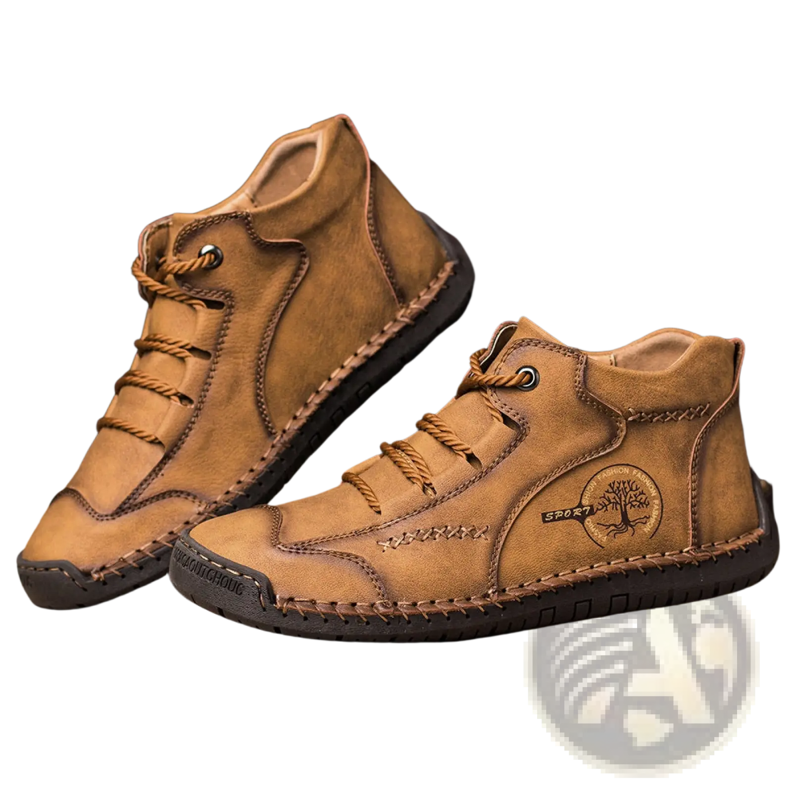 Leather high top sneakers in tan with visible stitching tree emblem patch and brown laces vintage hand stitched shoes