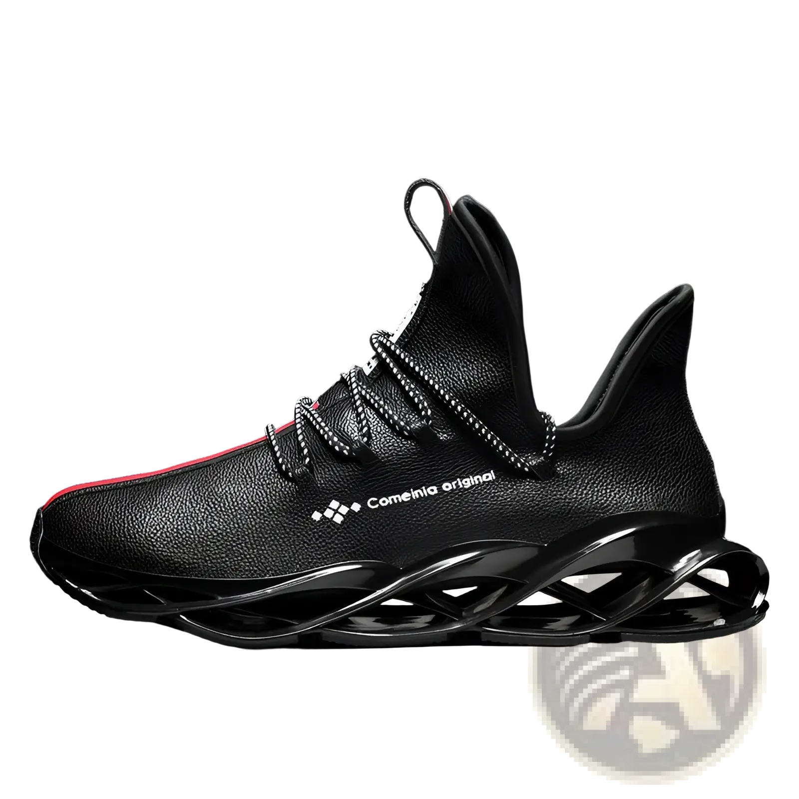 Black leather hiking sneaker with red accent on toe and glossy sculpted black sole for fashion and outdoor use