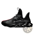 Black leather hiking sneaker with a glossy sculpted midsole and red accent along the toe for fashion style