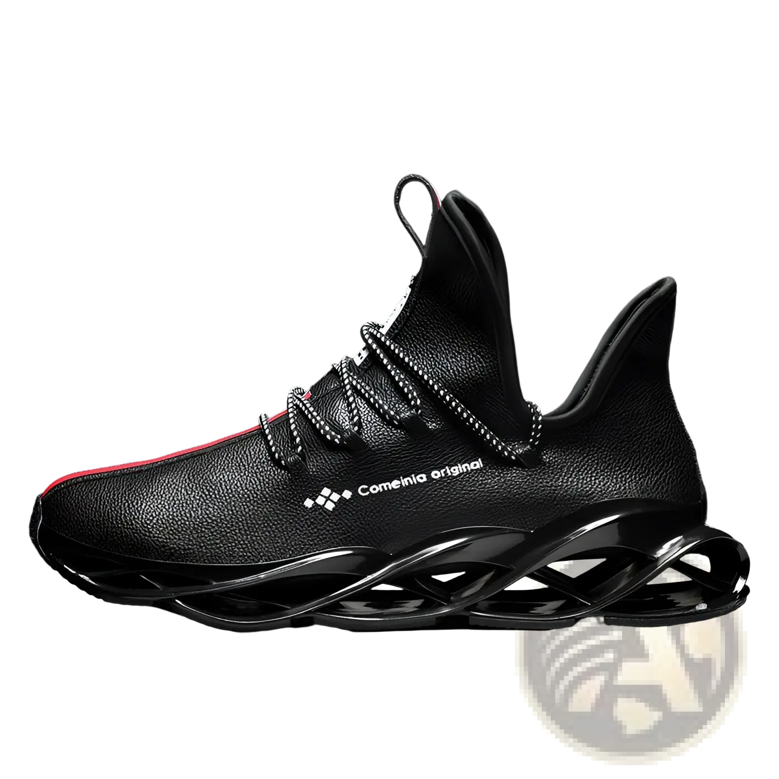 Black leather hiking sneaker with a glossy sculpted midsole and red accent along the toe for fashion style