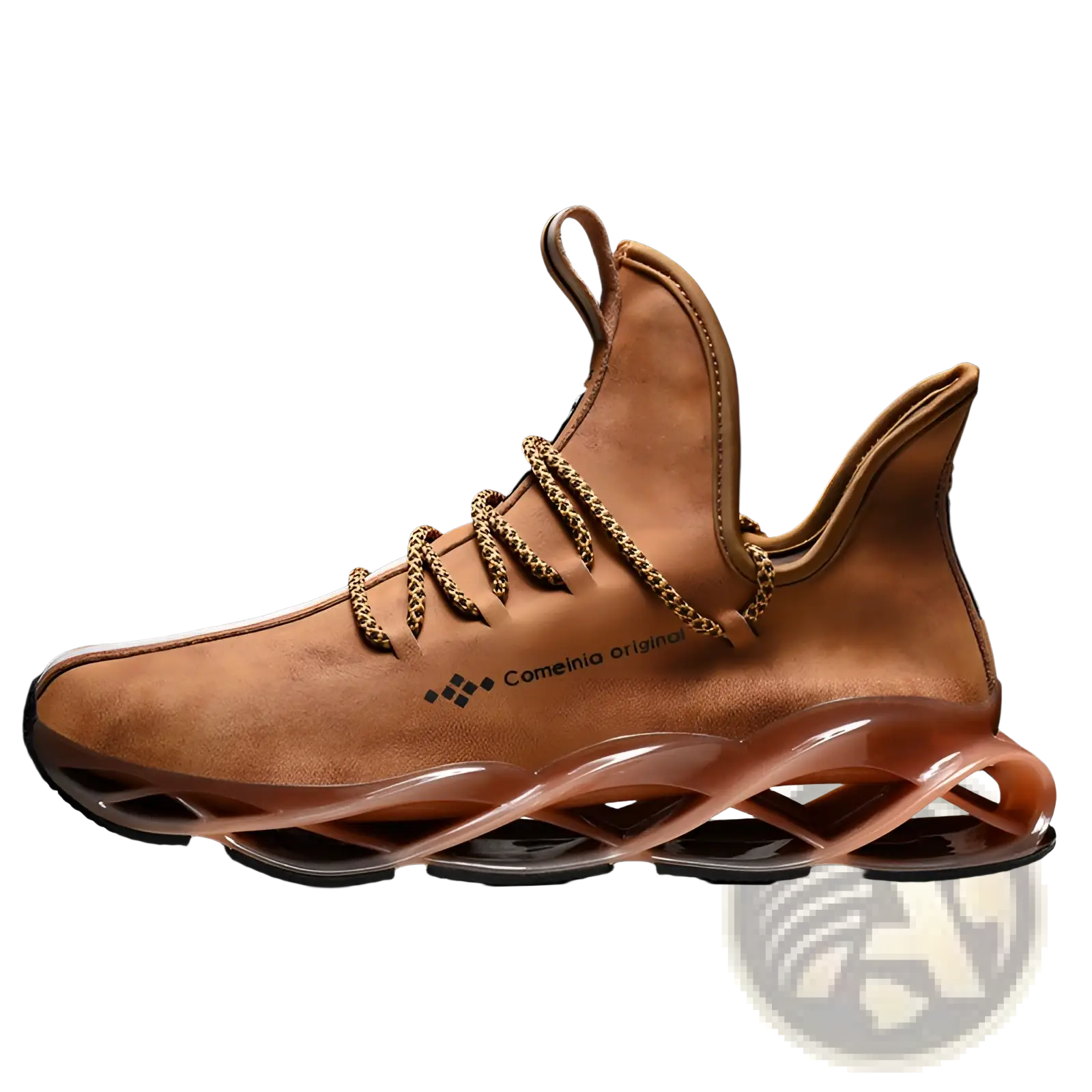 Tan suede leather hiking high-top sneaker with gold chain laces and translucent amber wave-patterned midsole