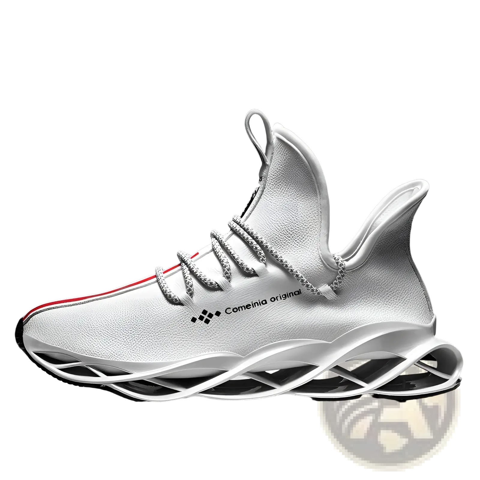 White leather hiking sneaker with sleek futuristic design and translucent sole featuring red accents