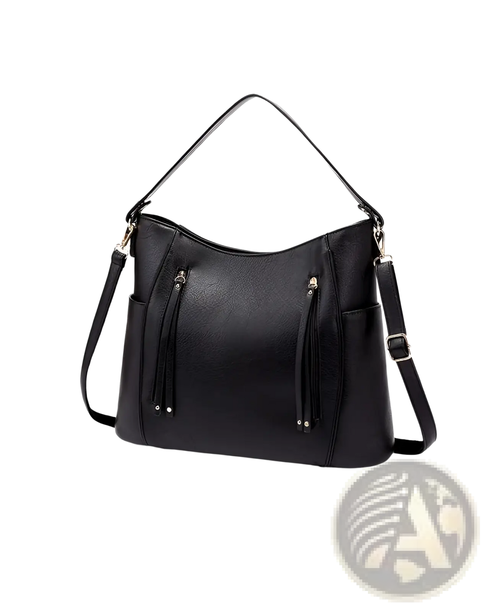 Black faux leather hobo bag with tassel details front zipper pockets and adjustable shoulder strap