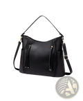 Black faux leather hobo bag with tassel details front zipper pockets and adjustable shoulder strap