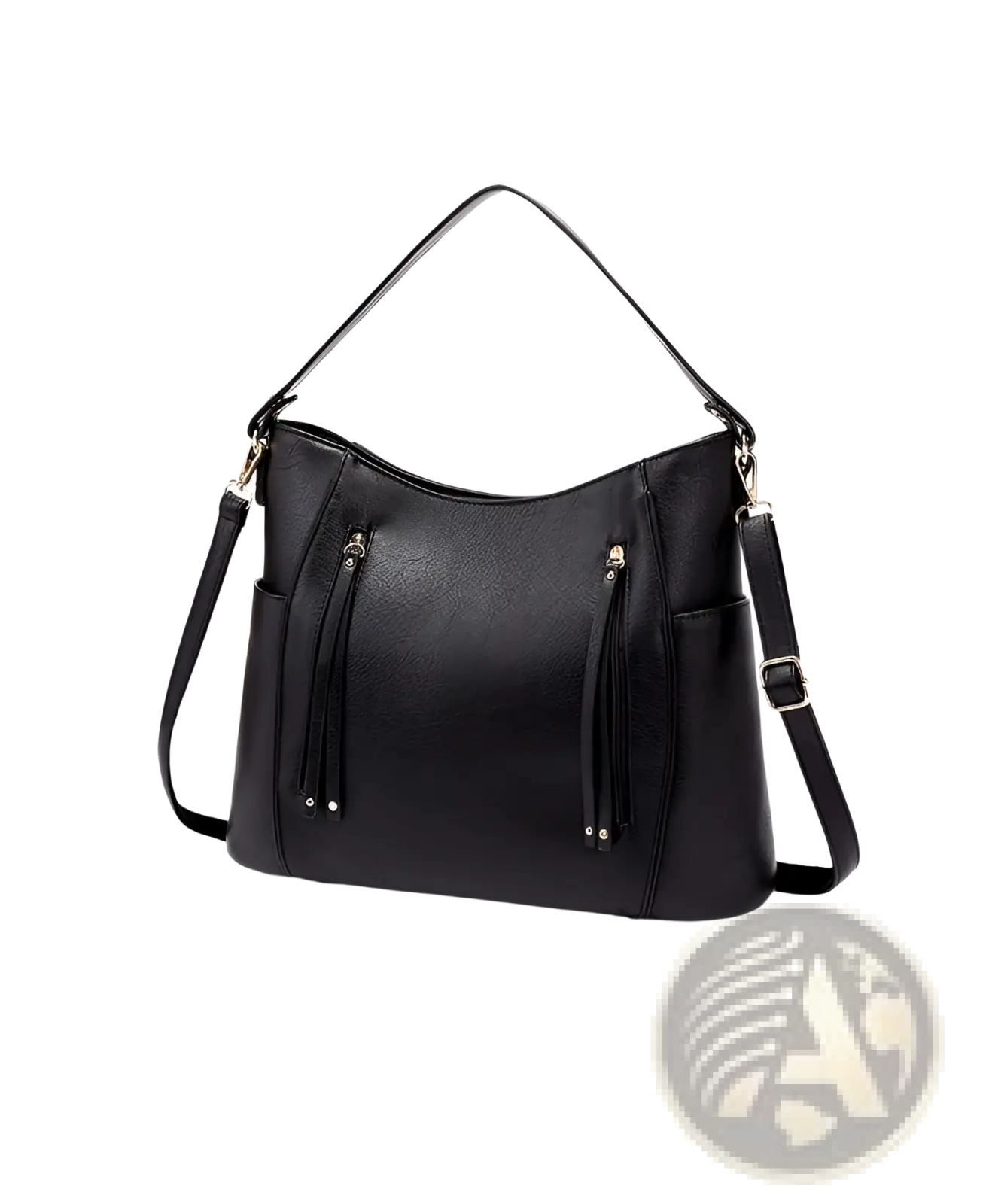 Black faux leather hobo bag with tassel details front zipper pockets and adjustable shoulder strap