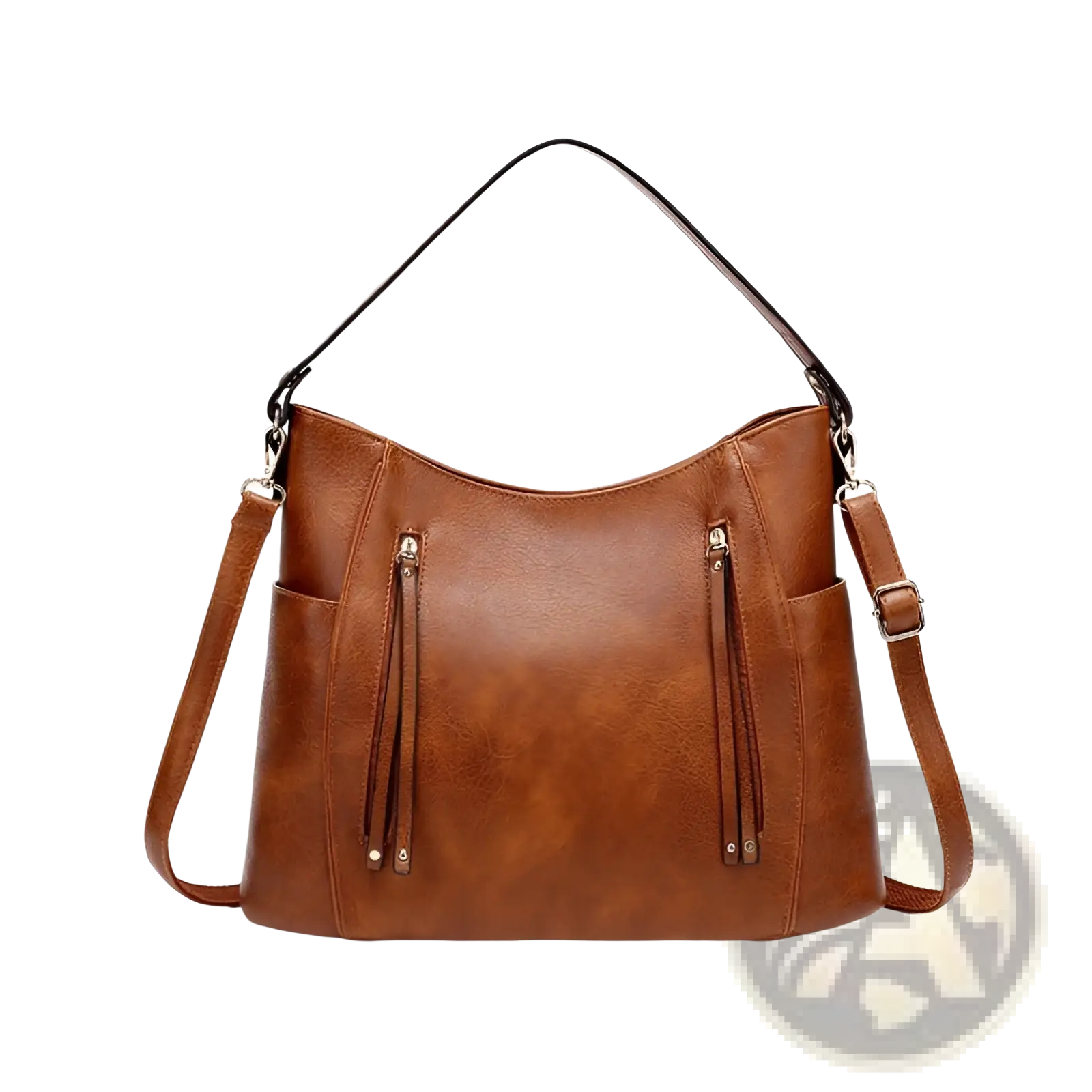 Brown faux leather hobo bag with tassel details and front zipper pockets featuring a black shoulder strap