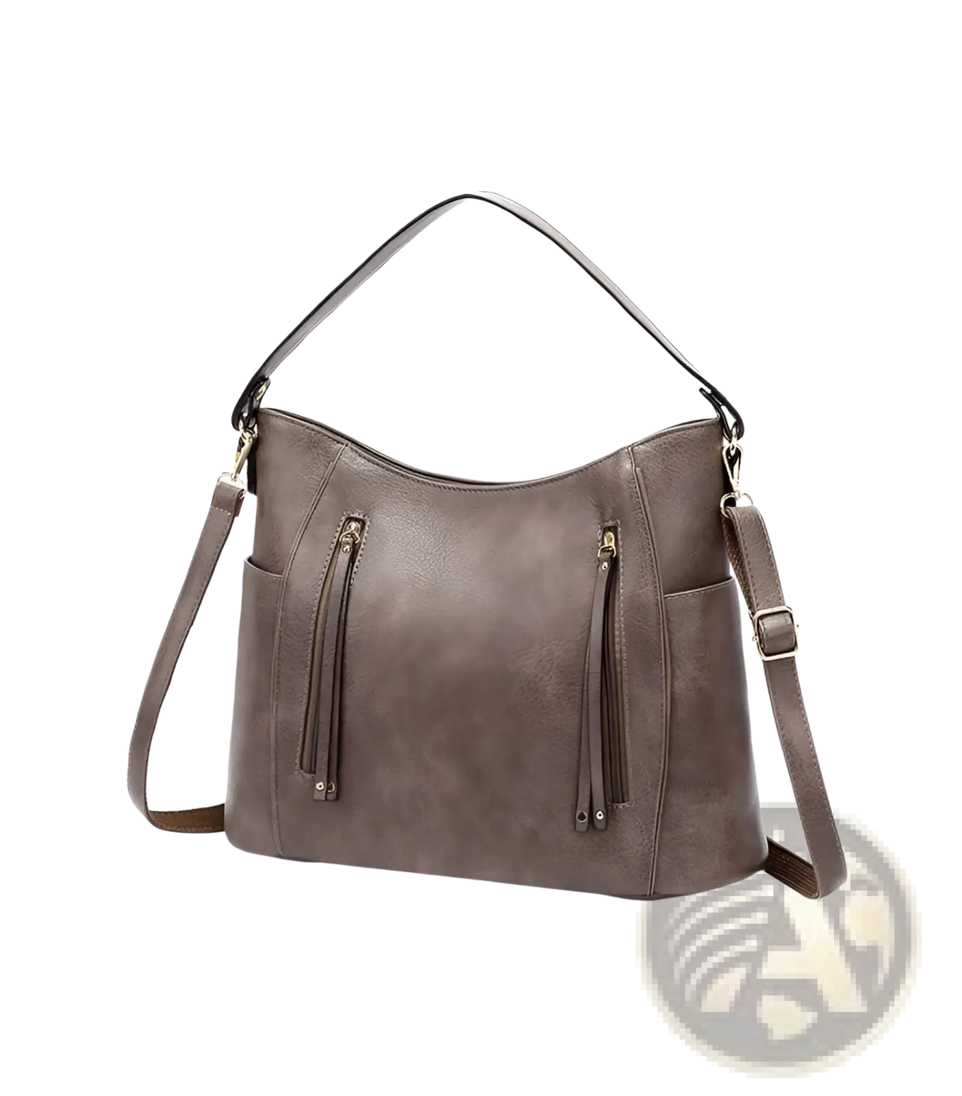 Gray faux leather hobo bag with dual zippers tassel details and front zipper pockets for stylish everyday use