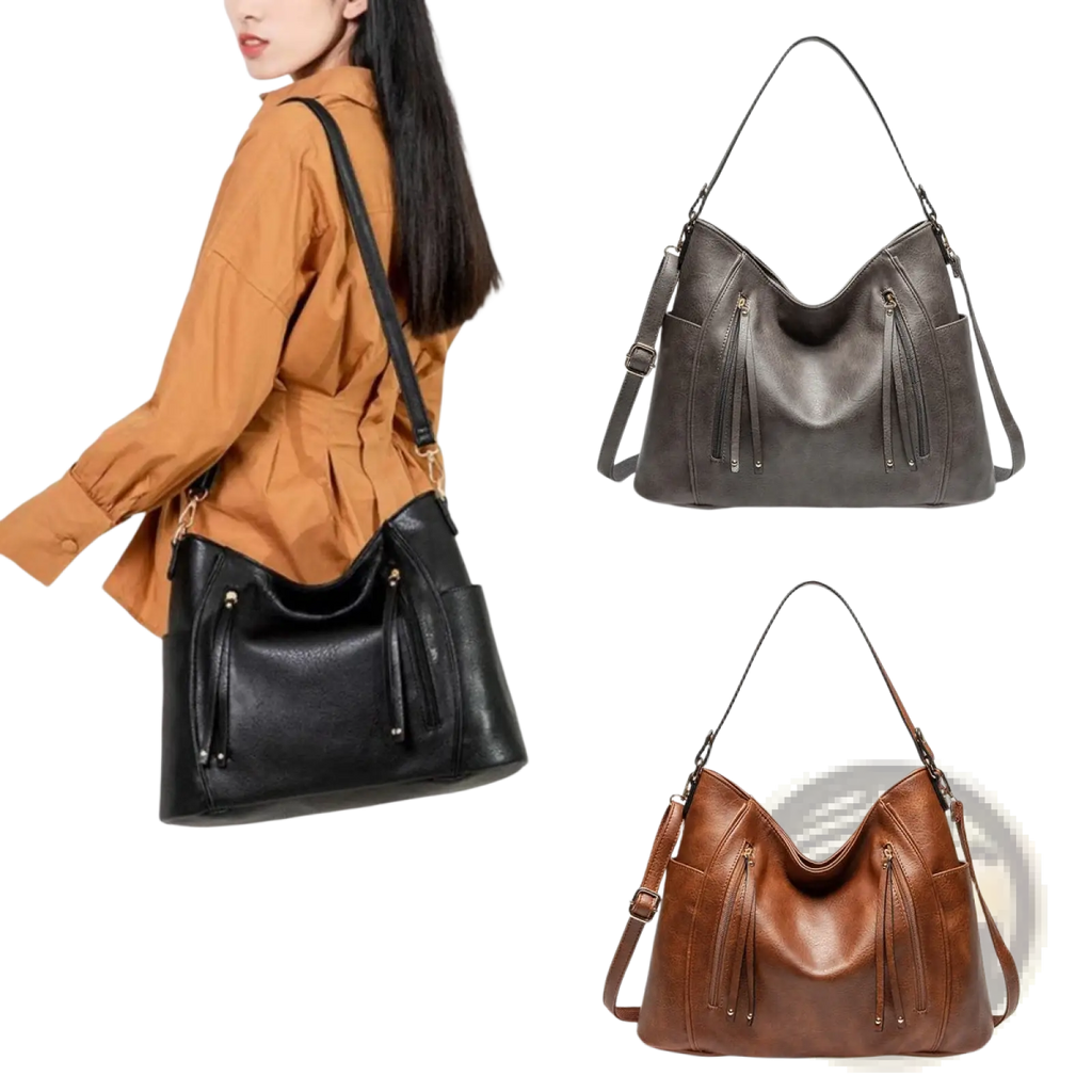 Leather hobo bags in black and brown with tassel details and front zipper pockets for stylish everyday use