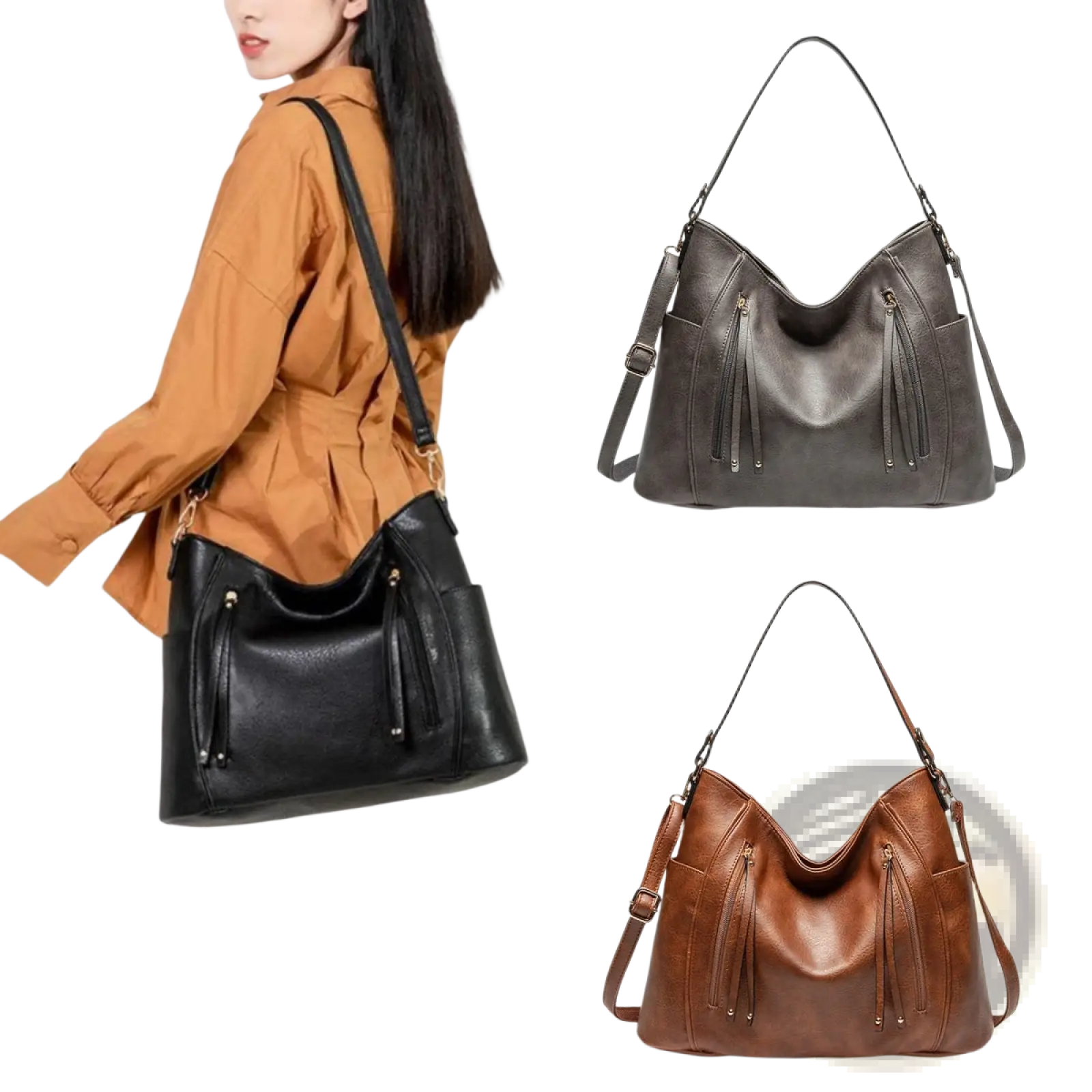 Leather hobo bags in black and brown with tassel details and front zipper pockets for stylish everyday use