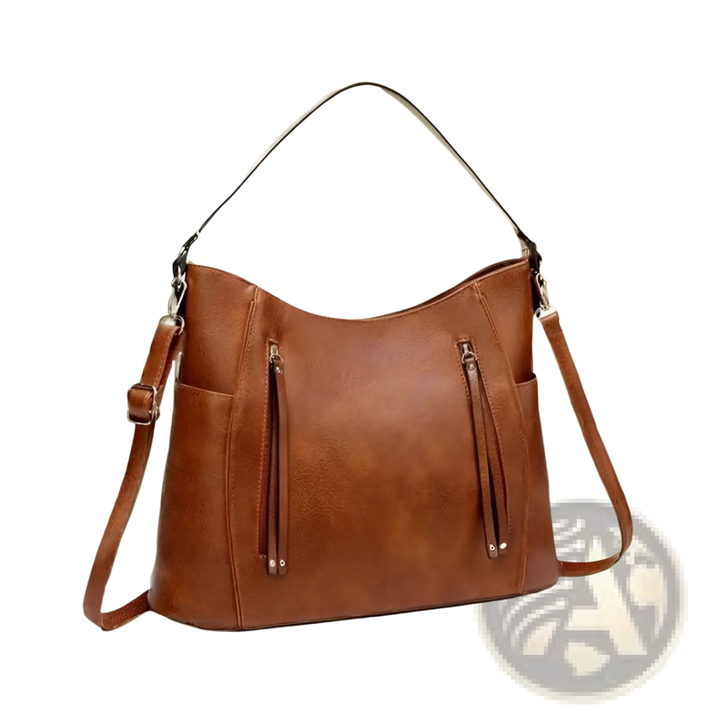 Brown leather hobo bag with adjustable shoulder strap tassel and front zipper pockets for everyday use