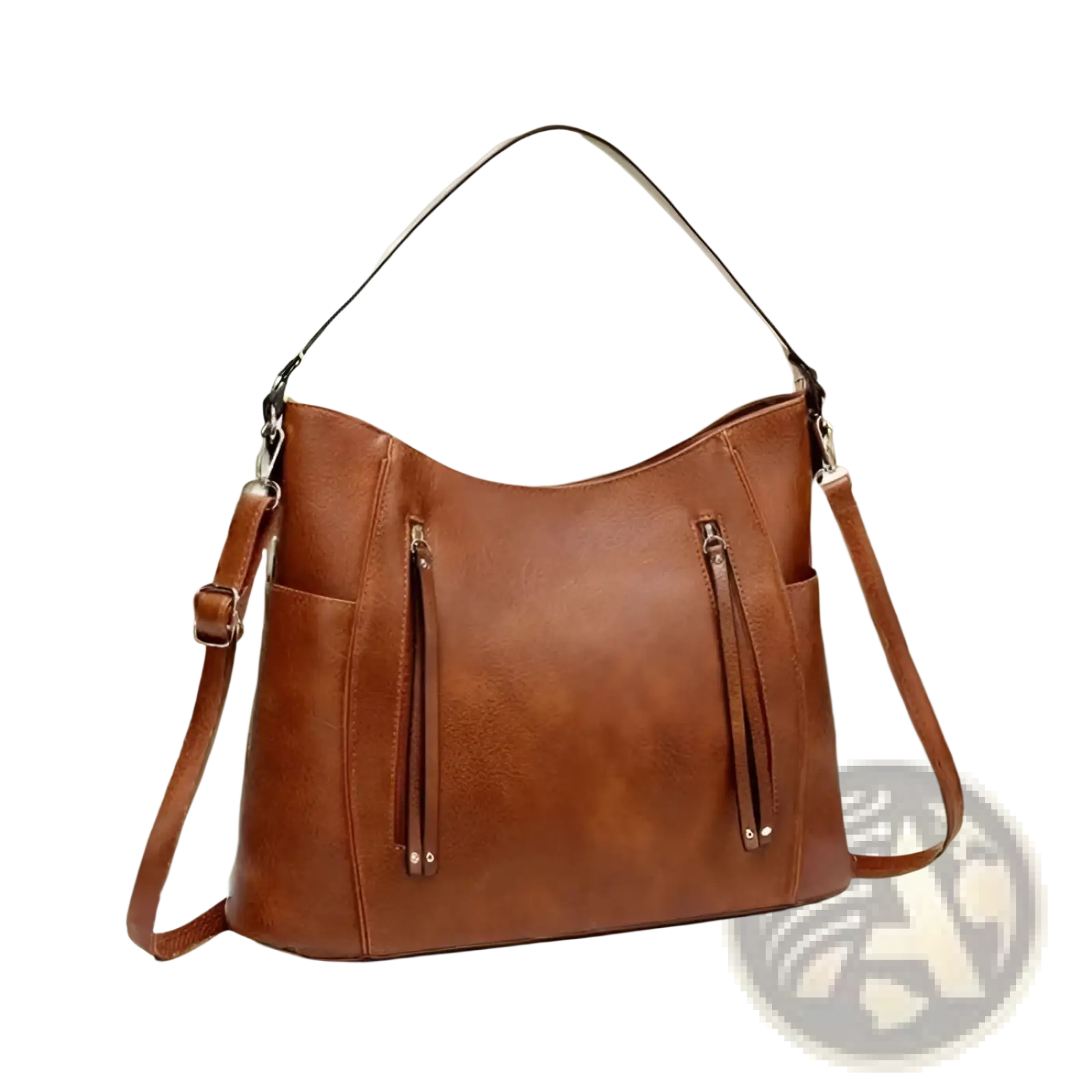 Brown leather hobo bag with adjustable shoulder strap tassel and front zipper pockets for everyday use