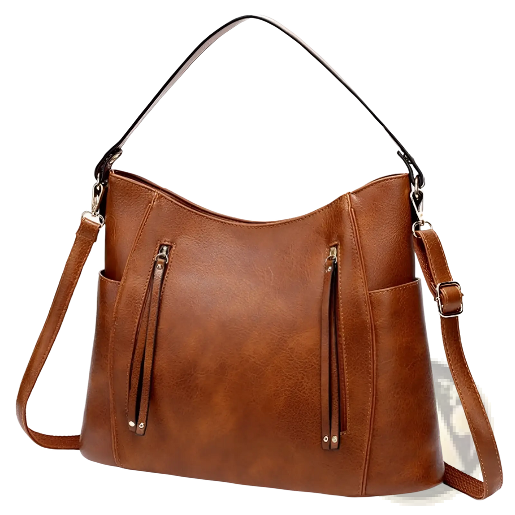 Brown faux leather hobo bag with black shoulder strap gold-tone zippers tassel and front zipper pockets