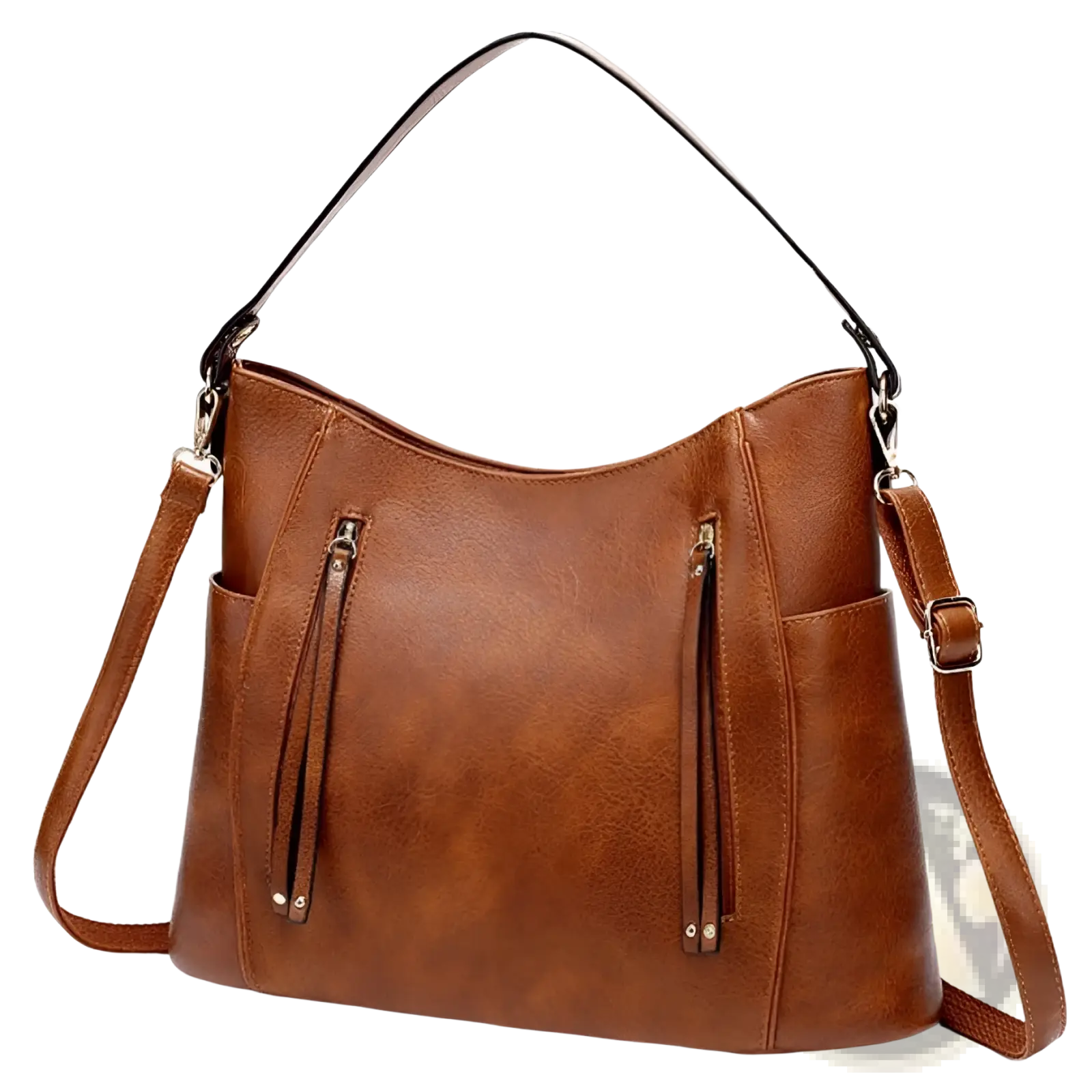 Brown faux leather hobo bag with black shoulder strap gold-tone zippers tassel and front zipper pockets
