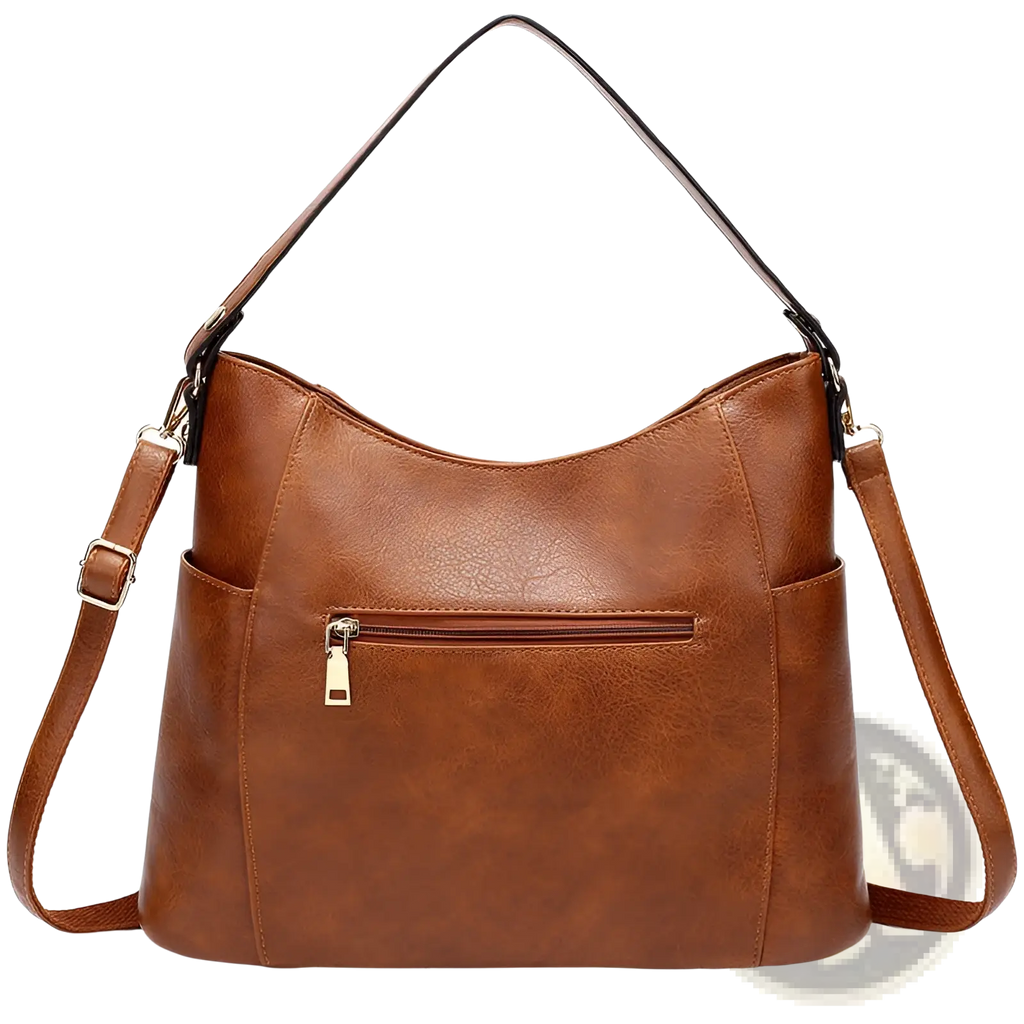 Brown faux leather hobo bag with single shoulder strap tassel and front zipper pockets for everyday use