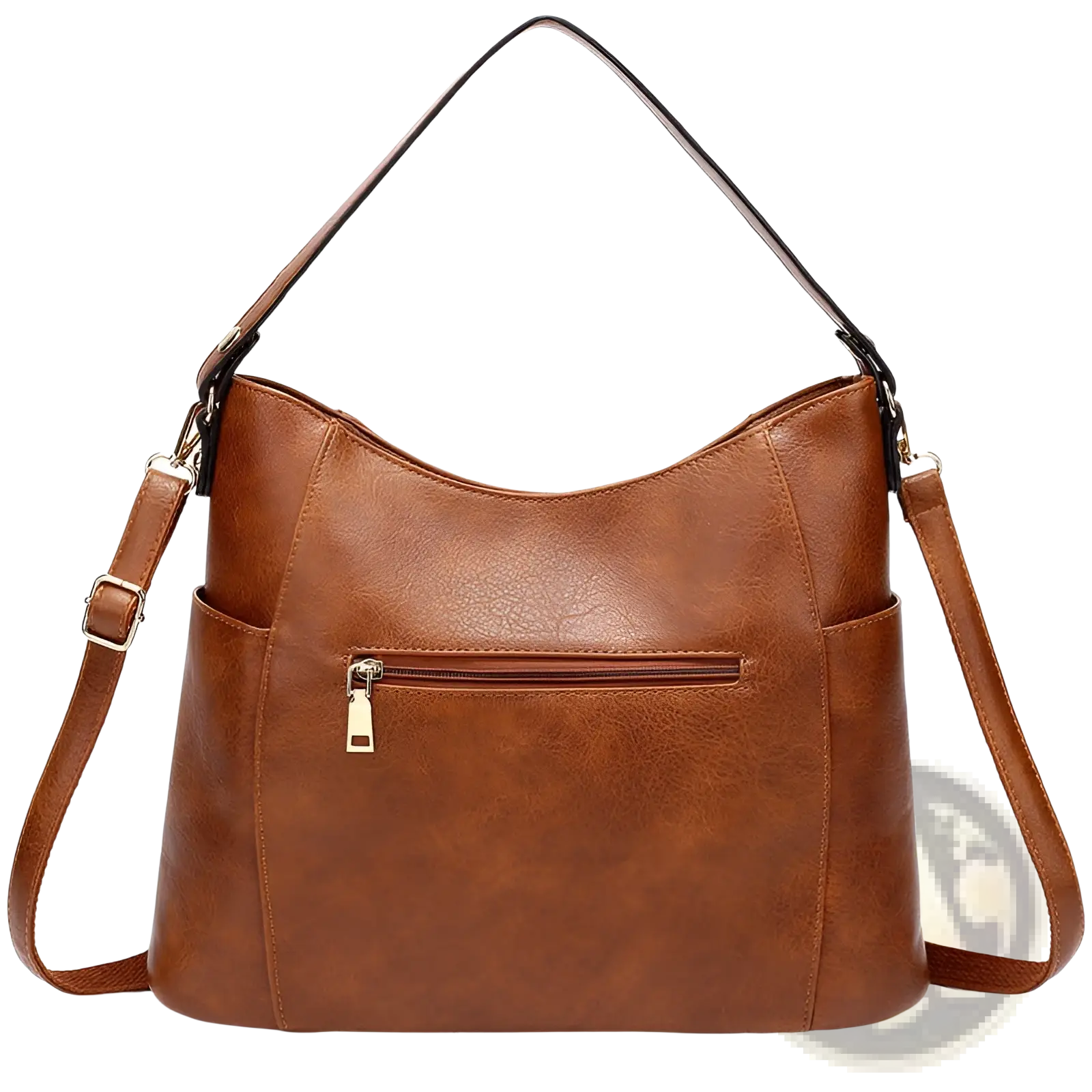 Brown faux leather hobo bag with single shoulder strap tassel and front zipper pockets for everyday use