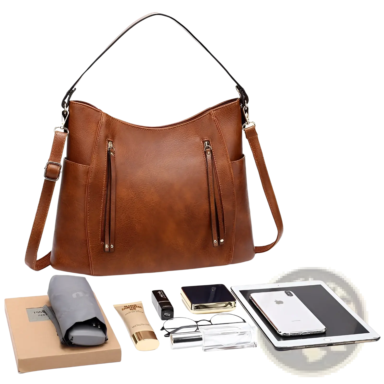 Brown faux leather leather hobo bag with single shoulder strap tassel and two front zippered pockets