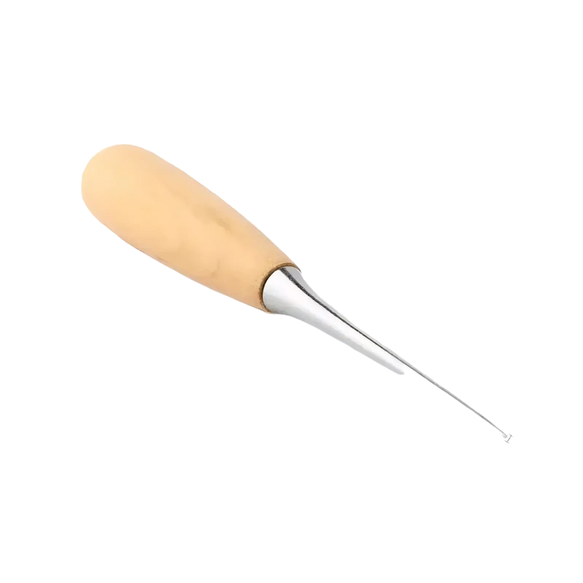 A sleek 12cm leather hole punch beading awl with a light wood handle and polished stainless steel tip