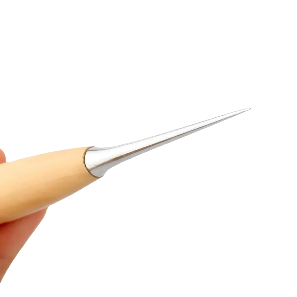 A leather hole punch beading awl with a sleek metallic needle and a light wood handle made of steel and wood