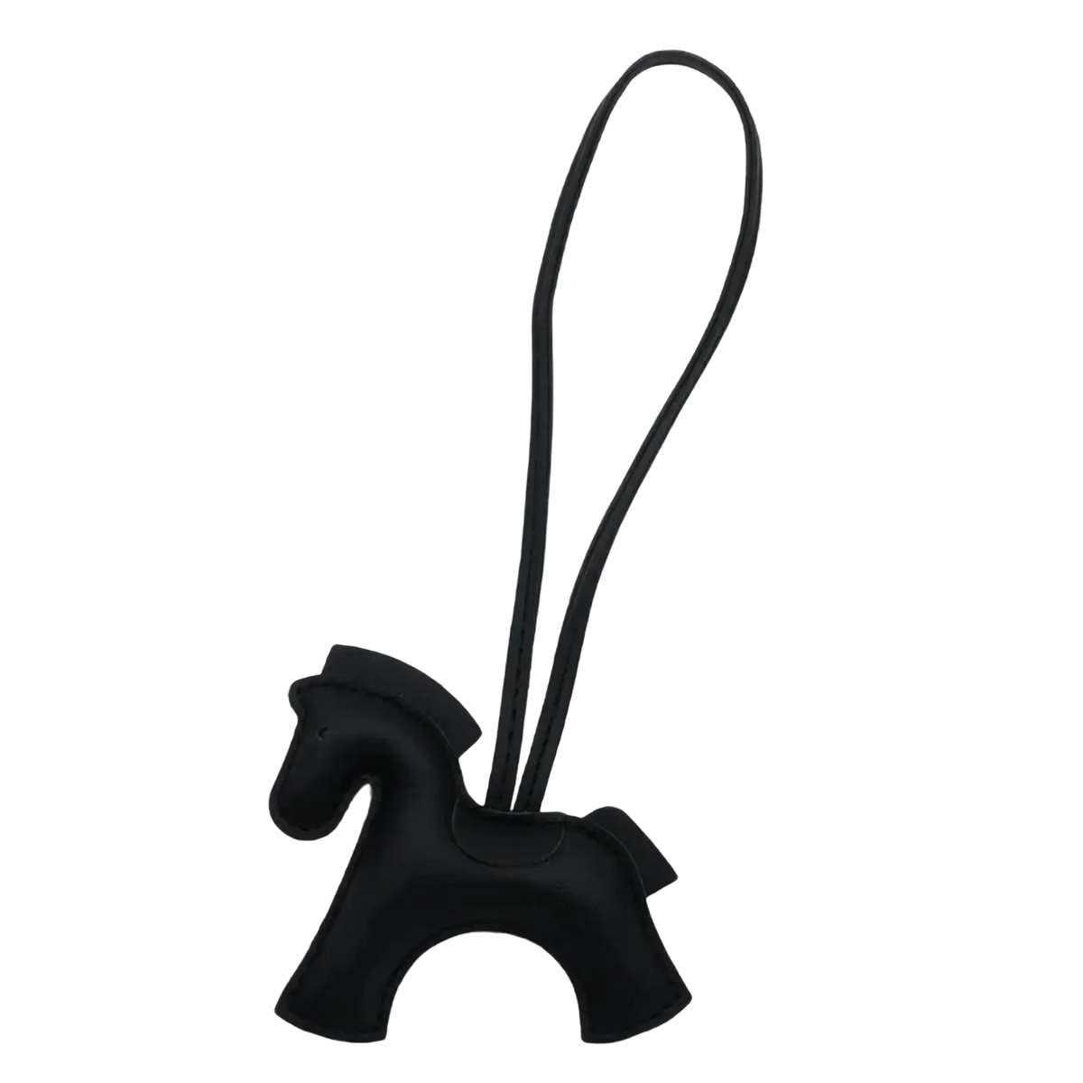 Black leather horse bag charm keychain with looped strap for easy attachment to bags or keys