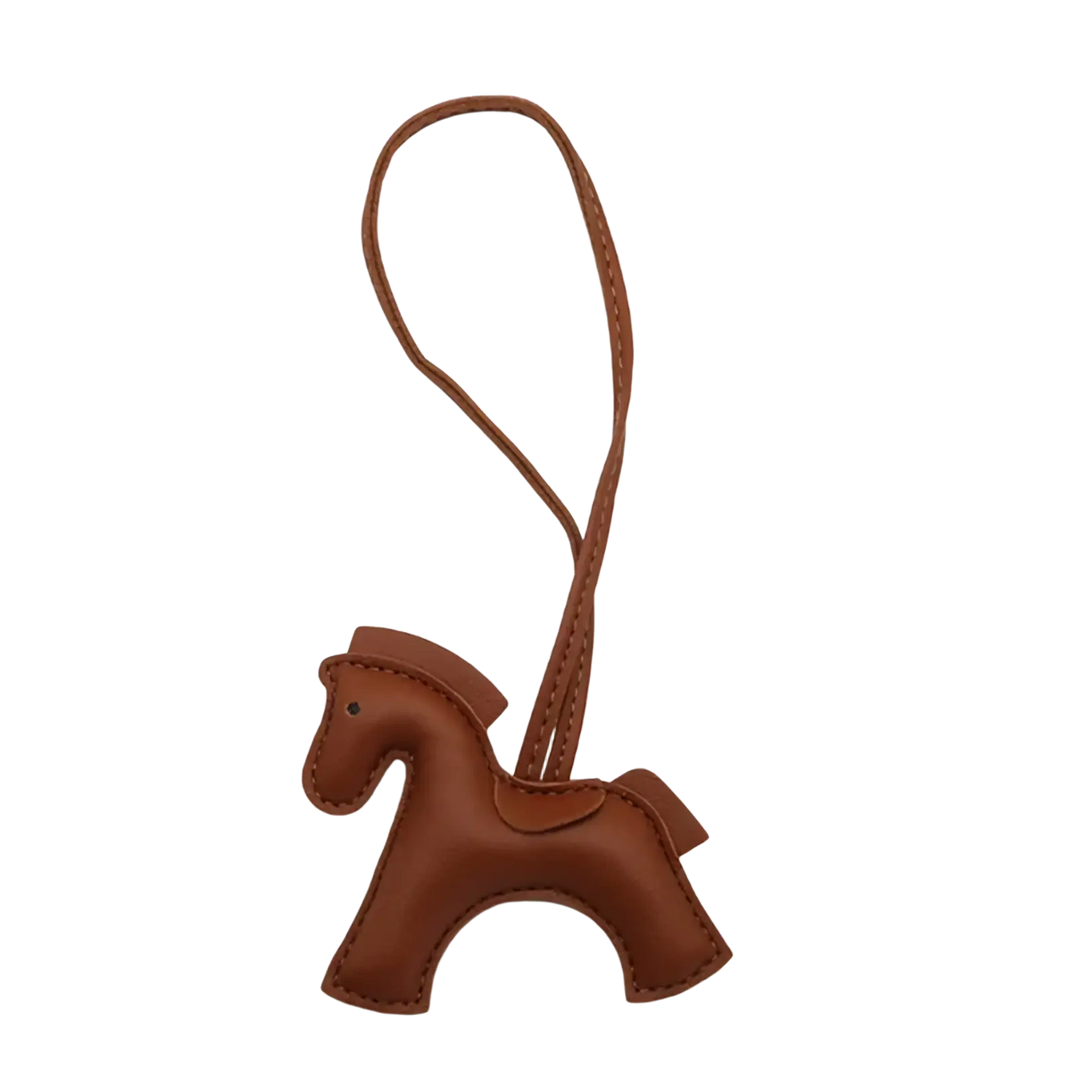 Brown leather horse bag charm keychain with stitched details and looped strap for easy attachment